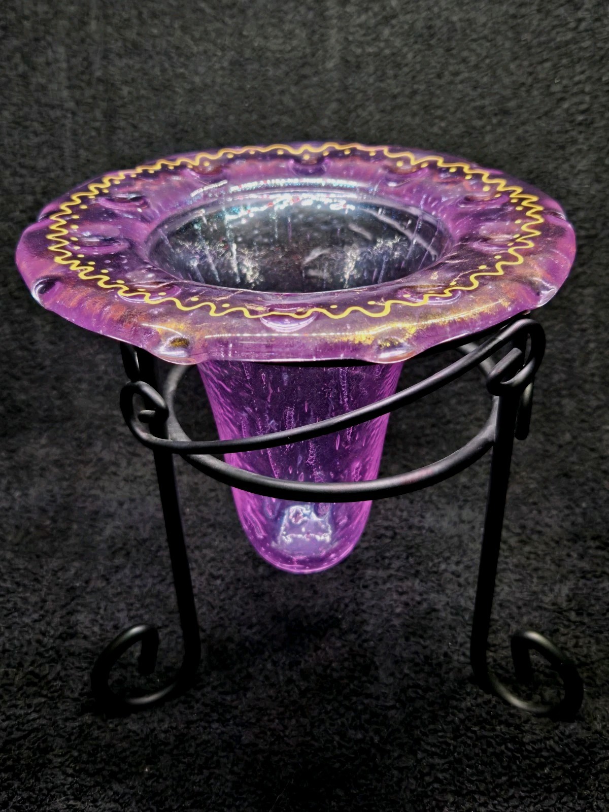 Purple Iridescent Fused Glass Drop Vase Black Metal Stand Art Glass Teardrop