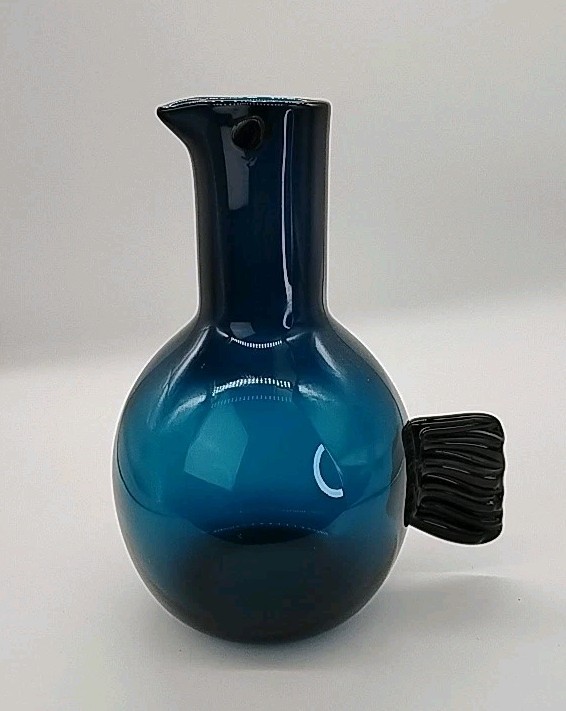 Vintage MCM Inspired Blue Bird Glass Vase Pitcher 10.5 X 8.25 X 6