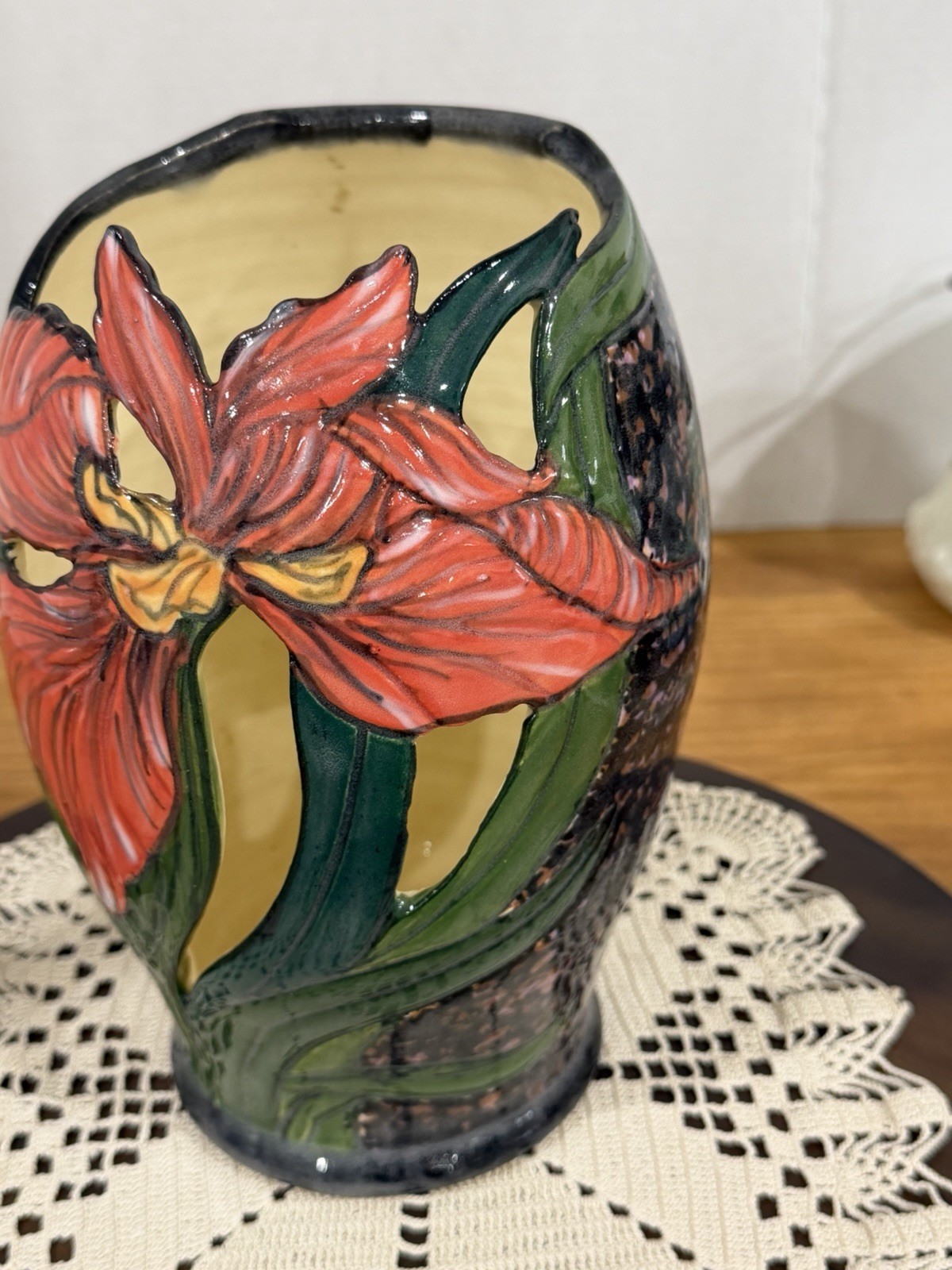 VTG Red Iris Reticulated Vase Arts & Crafts Revival Style Pottery