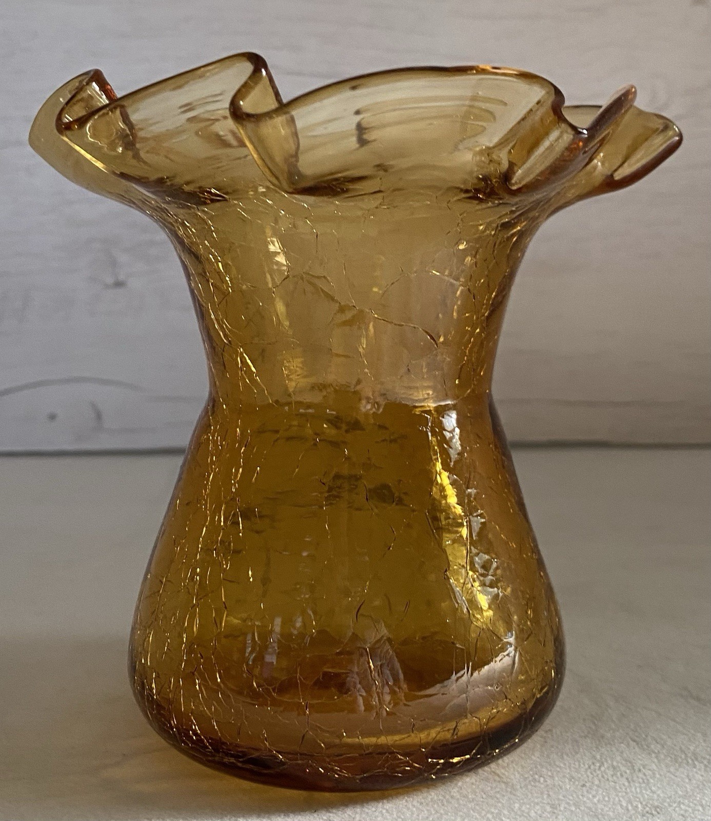 Vintage Handblown Amber Crackle Glass Crimped Ruffle Edge Vase 4.5 inches