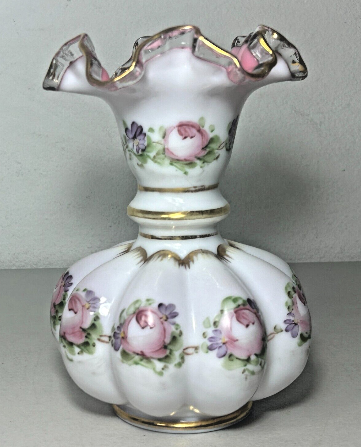 Fenton Charleton Peach Crest Melon Vase 8.5″ Hand Painted Roses Vintage