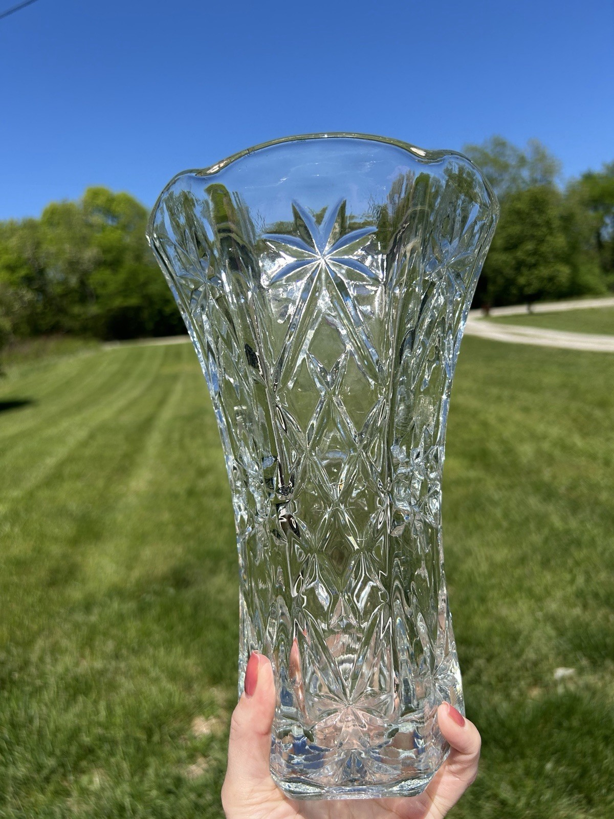 Vintage Anchor Hocking Prescut Clear Glass Vase EAPC Star of David 10.5″ tall