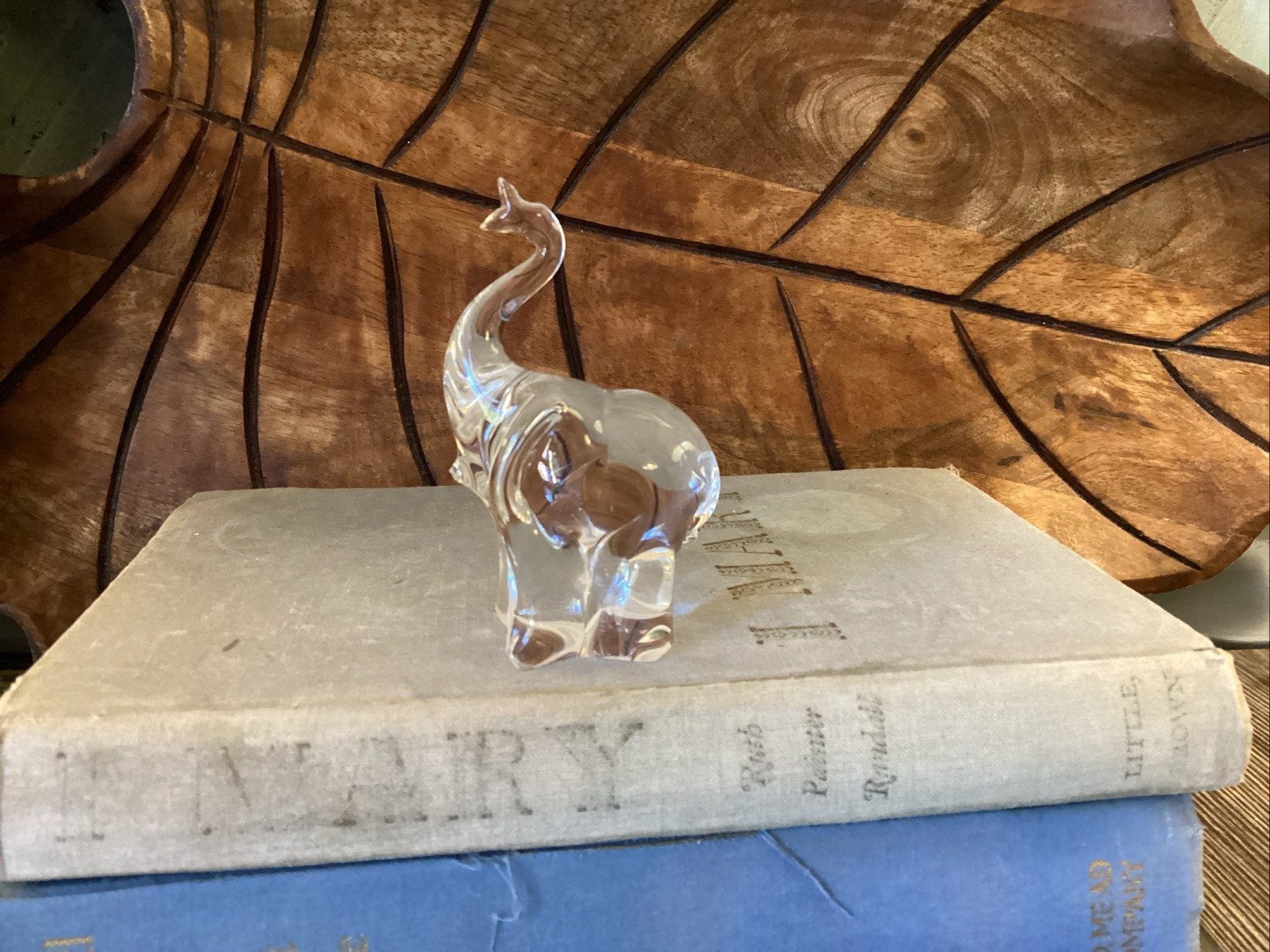 Vintage Figurine Clear Glass Elephant Trunk Up Paperweight Chip On Mouth?