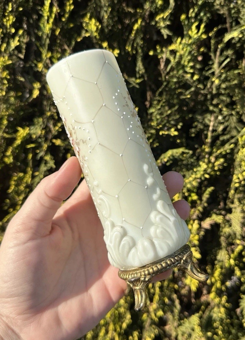 Antique C.F. Monroe Wave Crest Bud Vase, Floral Opal Glass w/ Ormolu Base 7.5”