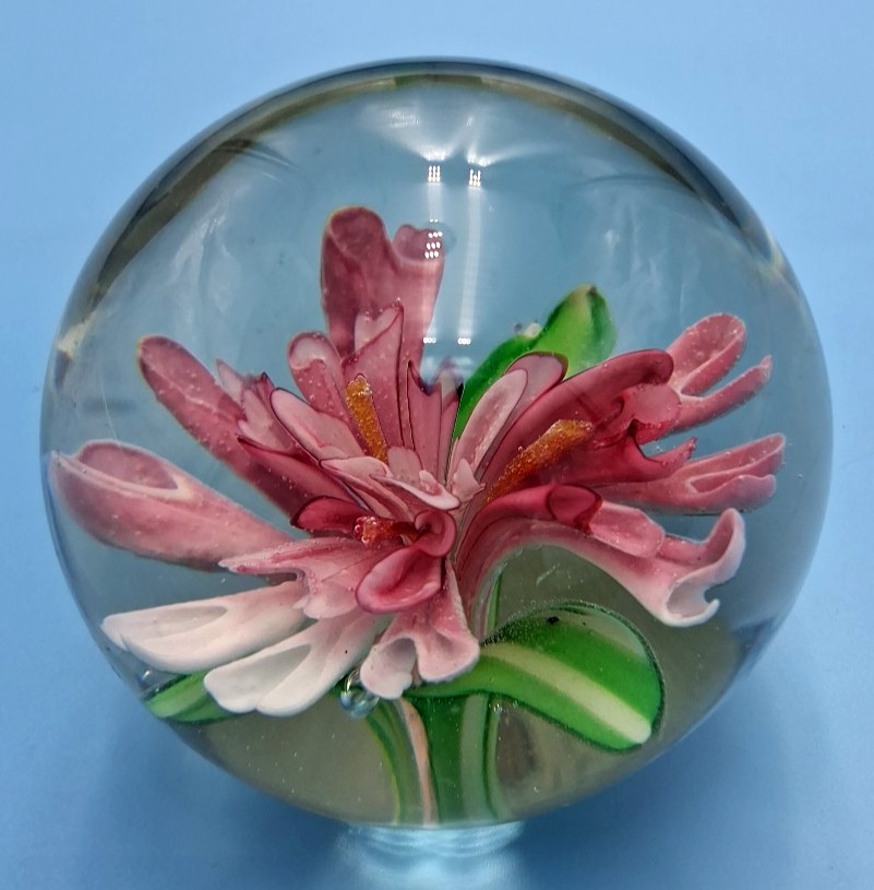 Vtg. Round Glass Floral Paperweight Pink Flower Clear Art Glass 2.75″, 13 oz.