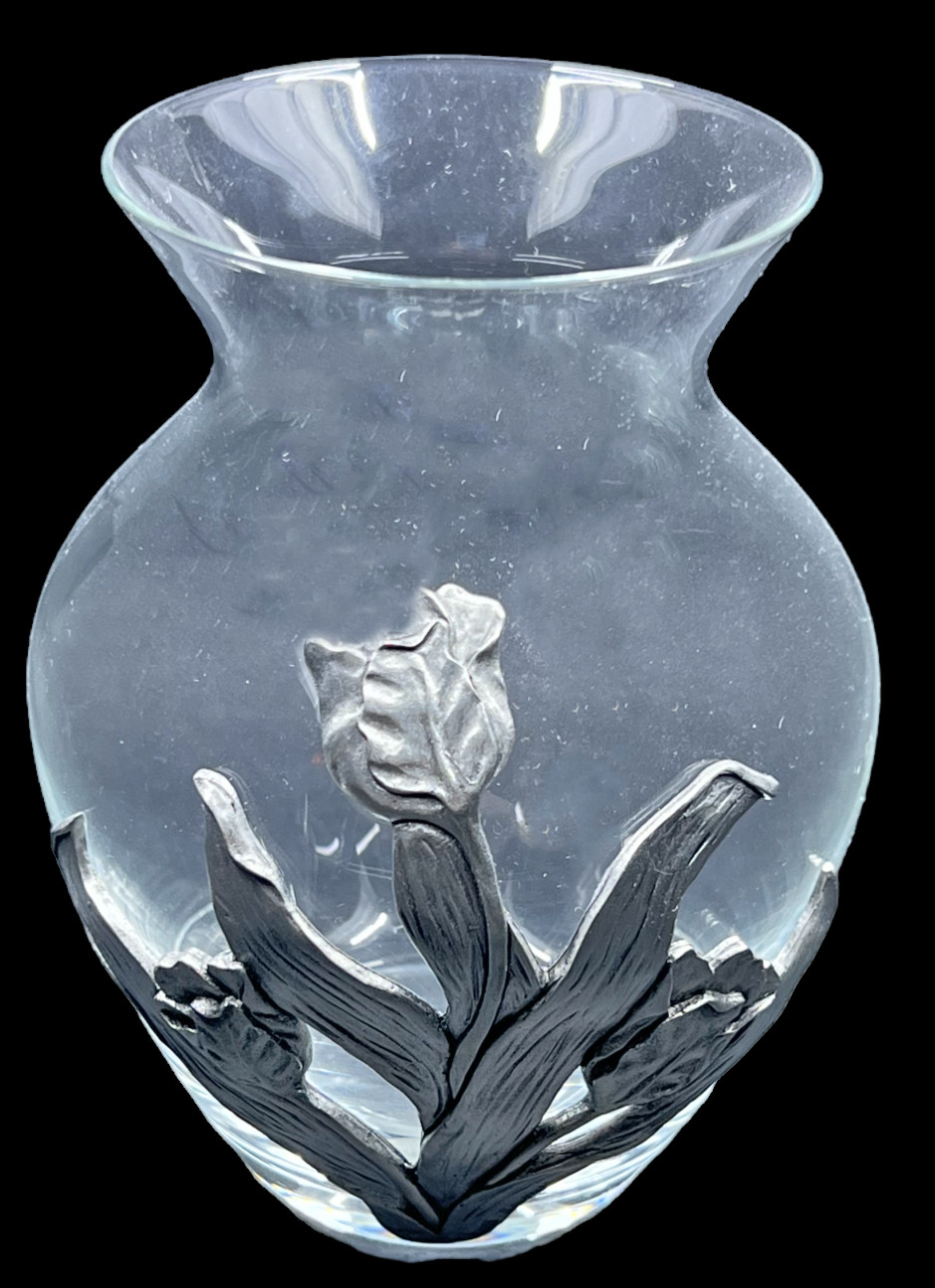 1992 Seagull Pewter Art Glass Vase IRIS Flower Overlay Clear Nova Scotia Canada