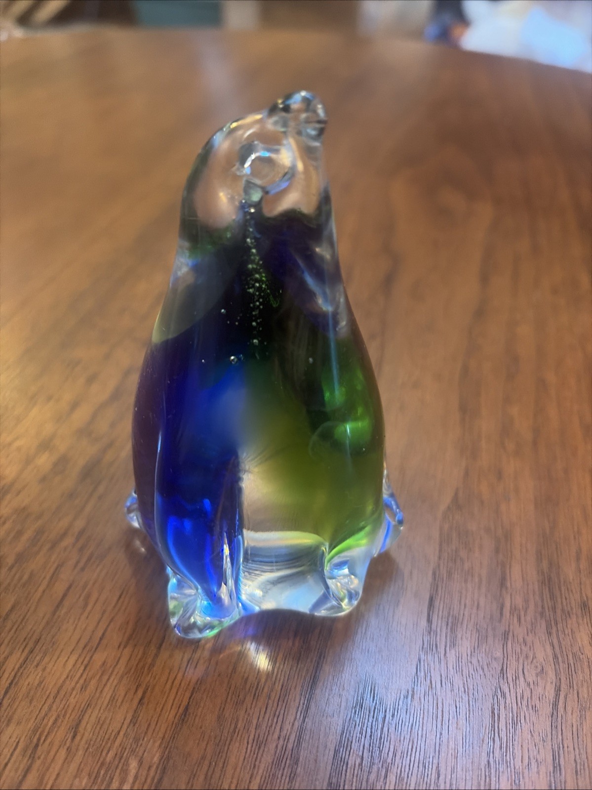 Art Glass Green Blue Penguin Paperweight Figurine 4”