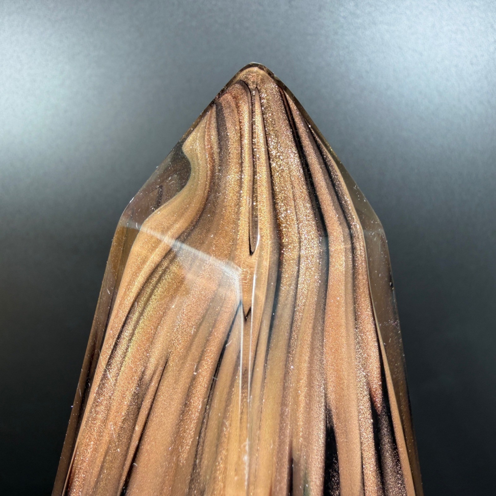 Art Glass Obelisk Paperweight Copper Glitter Black Swirl Heavy Pyramid 11.5 Inch