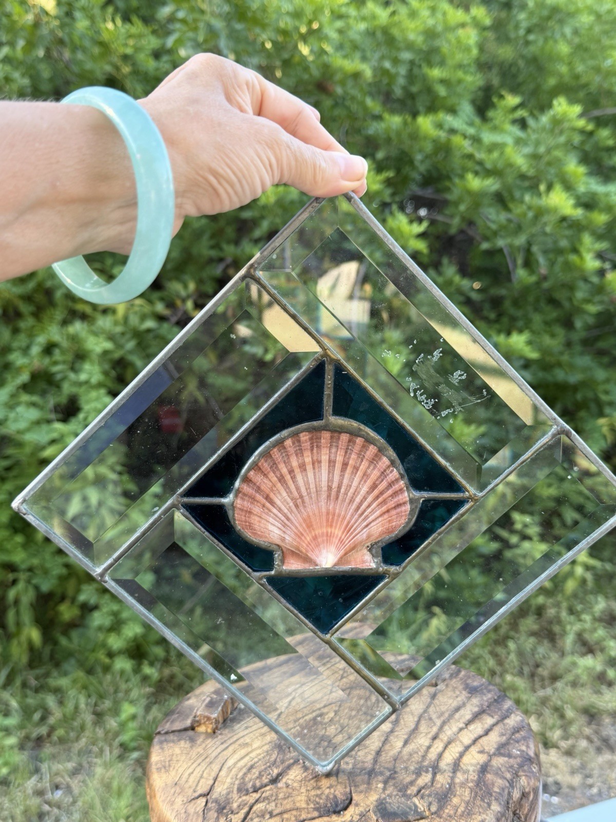 Vintage Stained Glass Seashell Suncatcher Clear glass Pink scallop