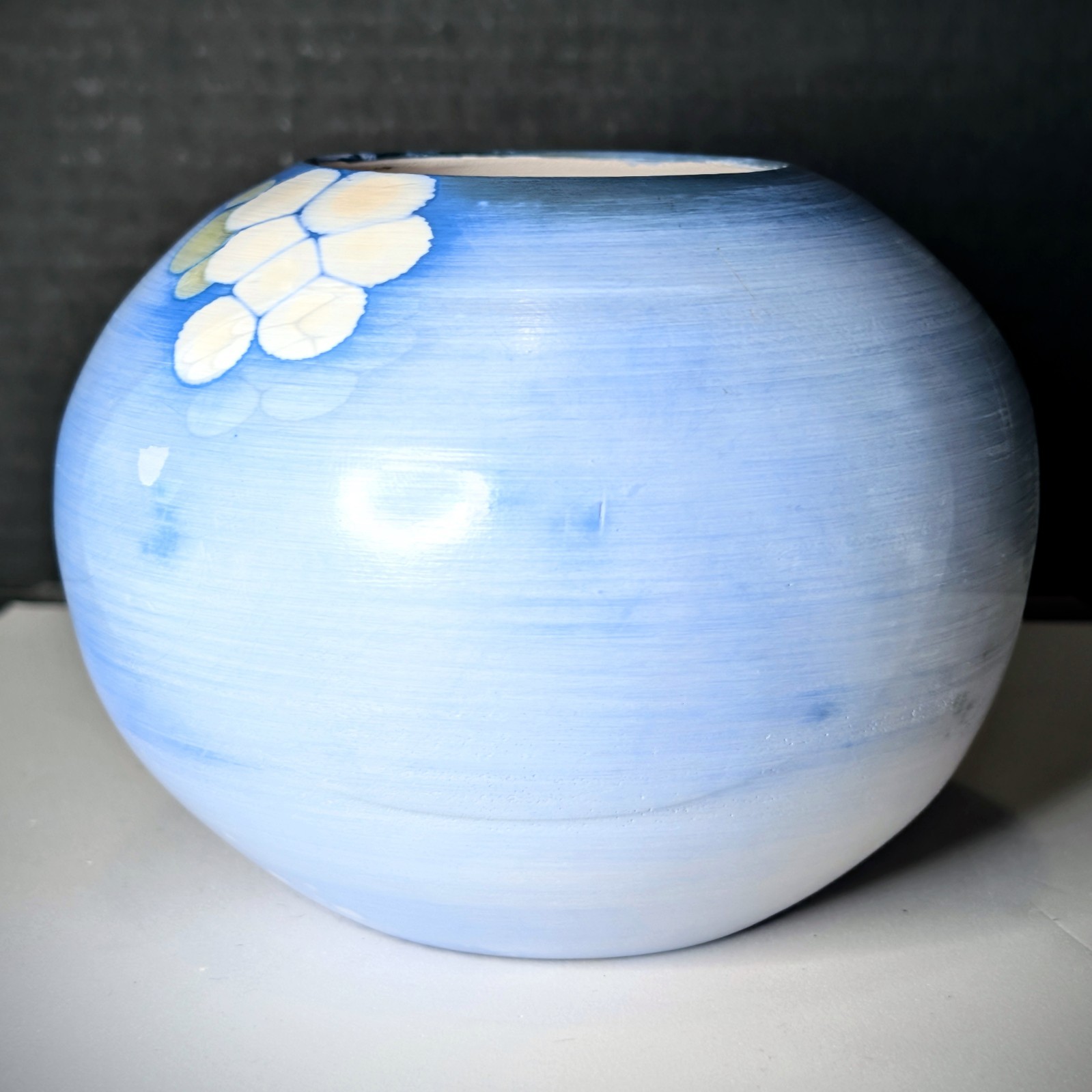Small Lavender & Blue Crystalline Vase Milky White Glaze Blue Feathering & Drips