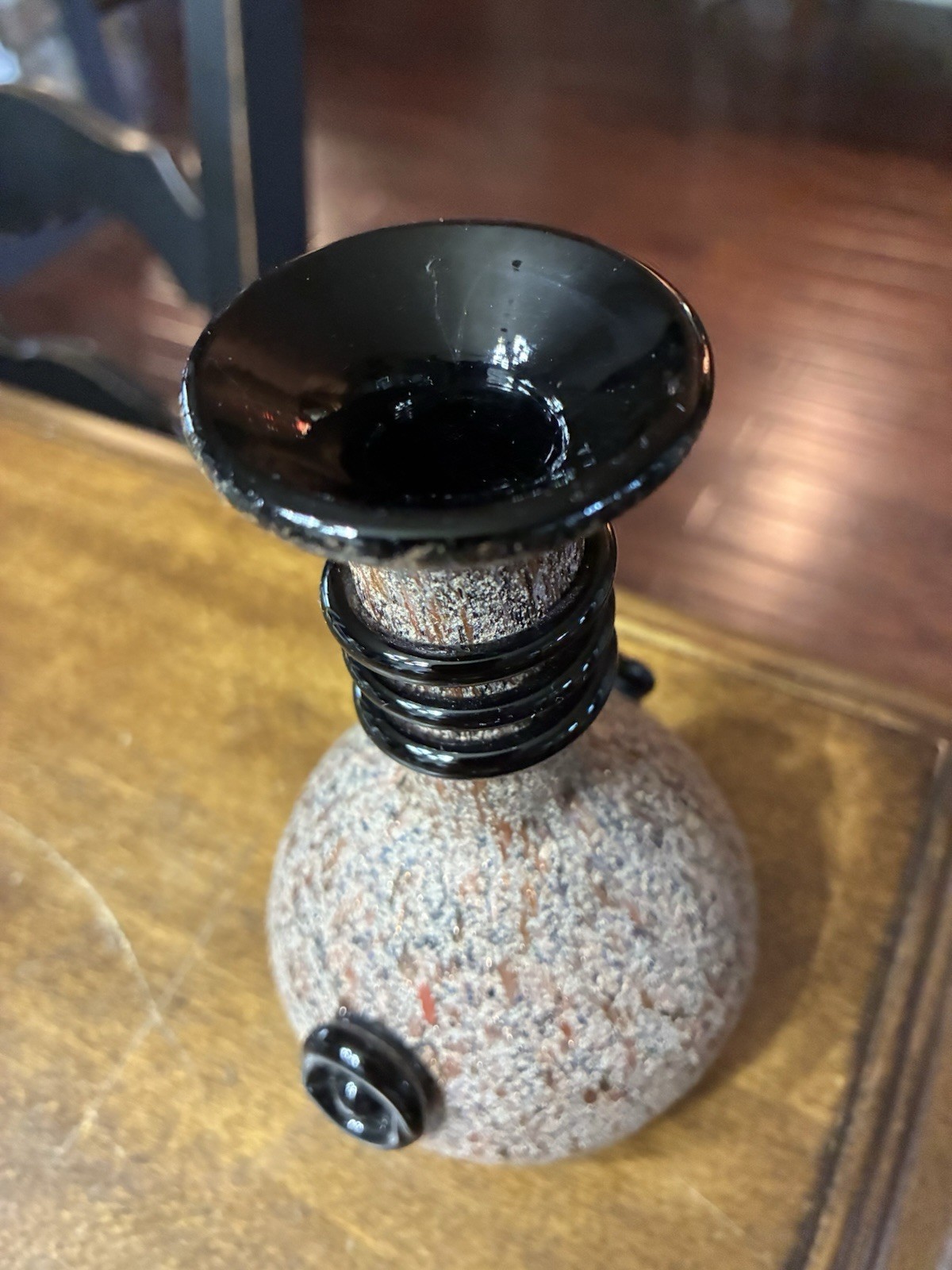 5.25″x3″ Vtg Small Scavo Seguso Murano Glass Vase w/Applied Black Glass