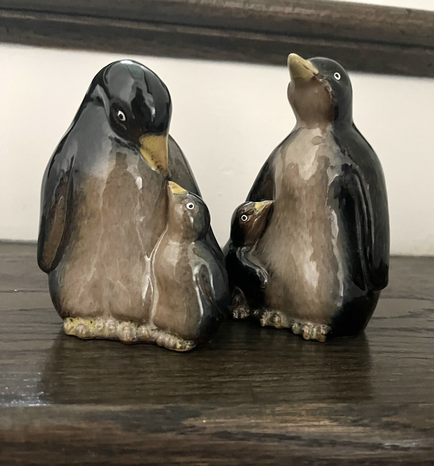 Vintage Penguin Family Glazed Pottery Figurines Arctic Birds Figures Pair Blue