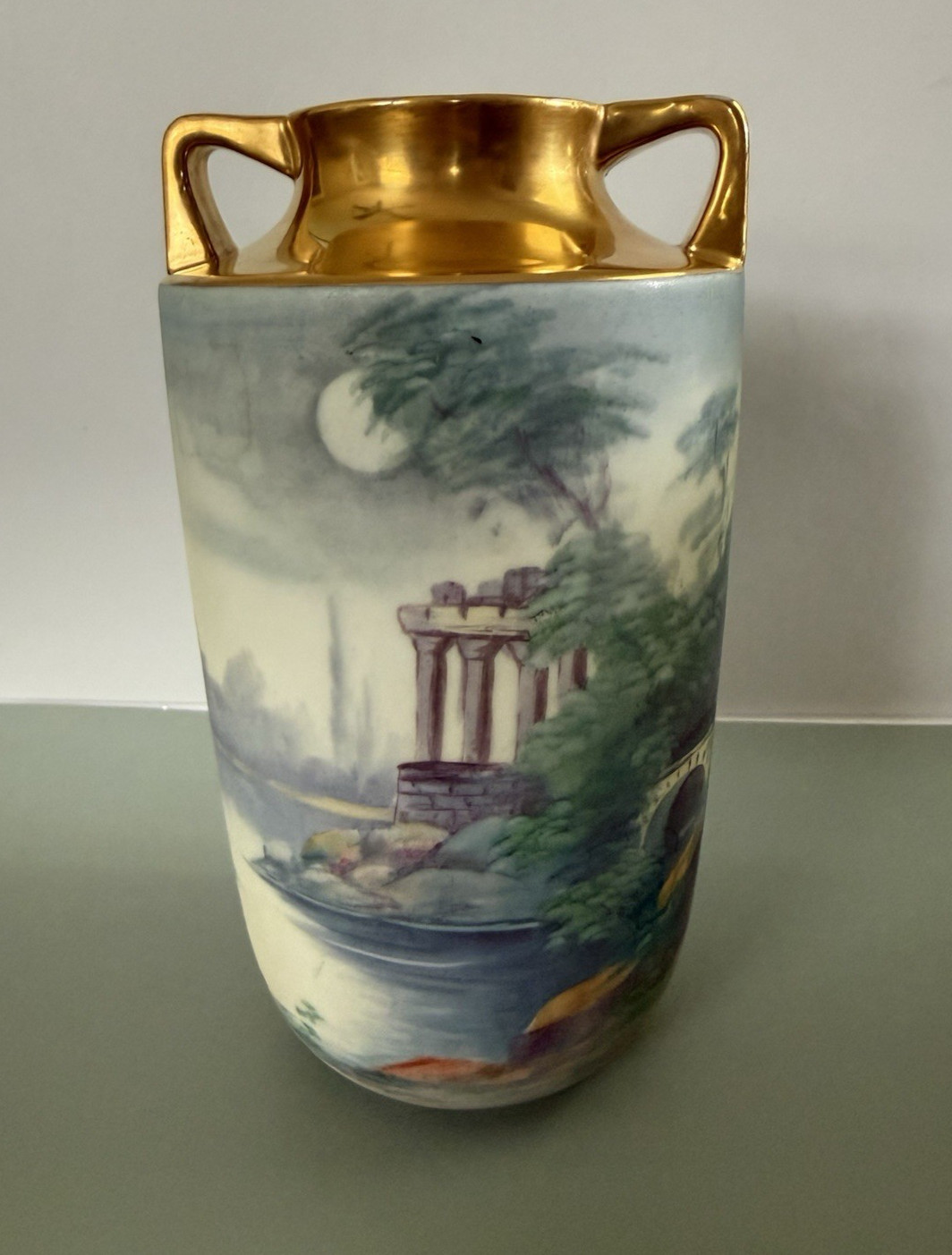 Pickard China Hand Painted Landscape Double Handed Vase Vellum Glaze Gold Leaf