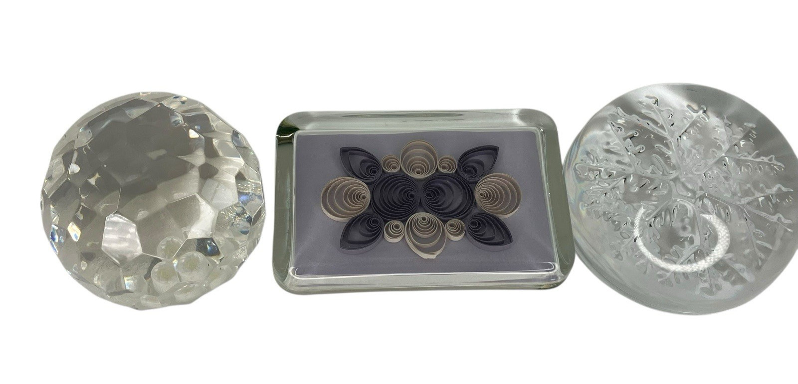Vtg Mixed Crystal Glass Art Paperweight Lot of 3 Paper Quilled, Faceted, Domed