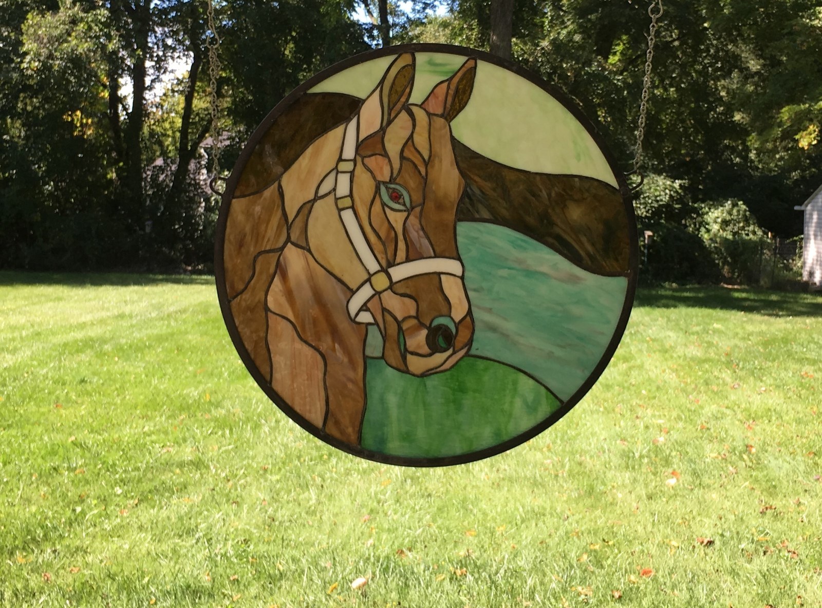 20″ Round Horse Head Handcrafted Stained Glass Suncatcher Panel, SOLD AS IS