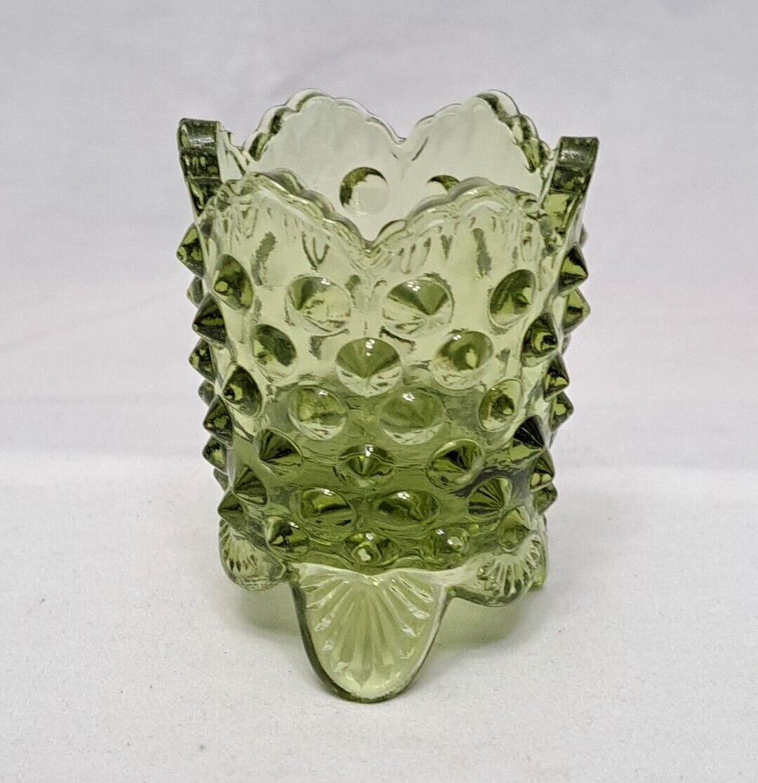 Vintage Fenton Colonial Green Hobnail Side Spikes 3 Footed Toothpick Holder Nice