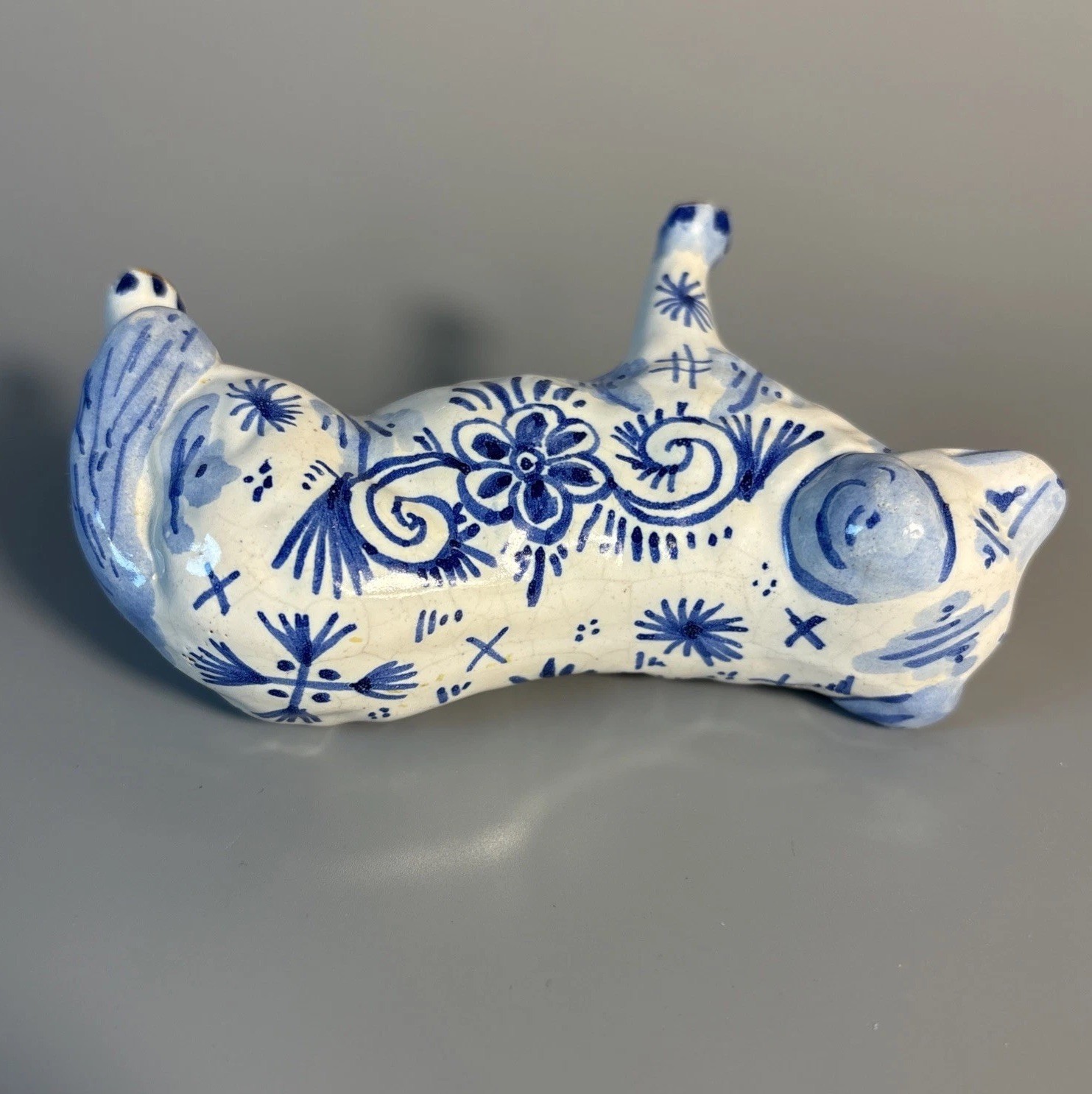 19th Century Delft Pottery Dog Figurine – Netherlands – Blue Floral Design