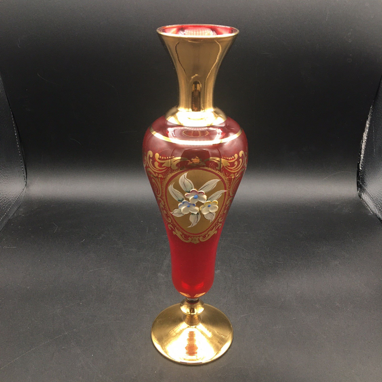 Vintage Japanese Ruby Glass Trumpet Vase Gold Trim Porcelain Flowers 11”