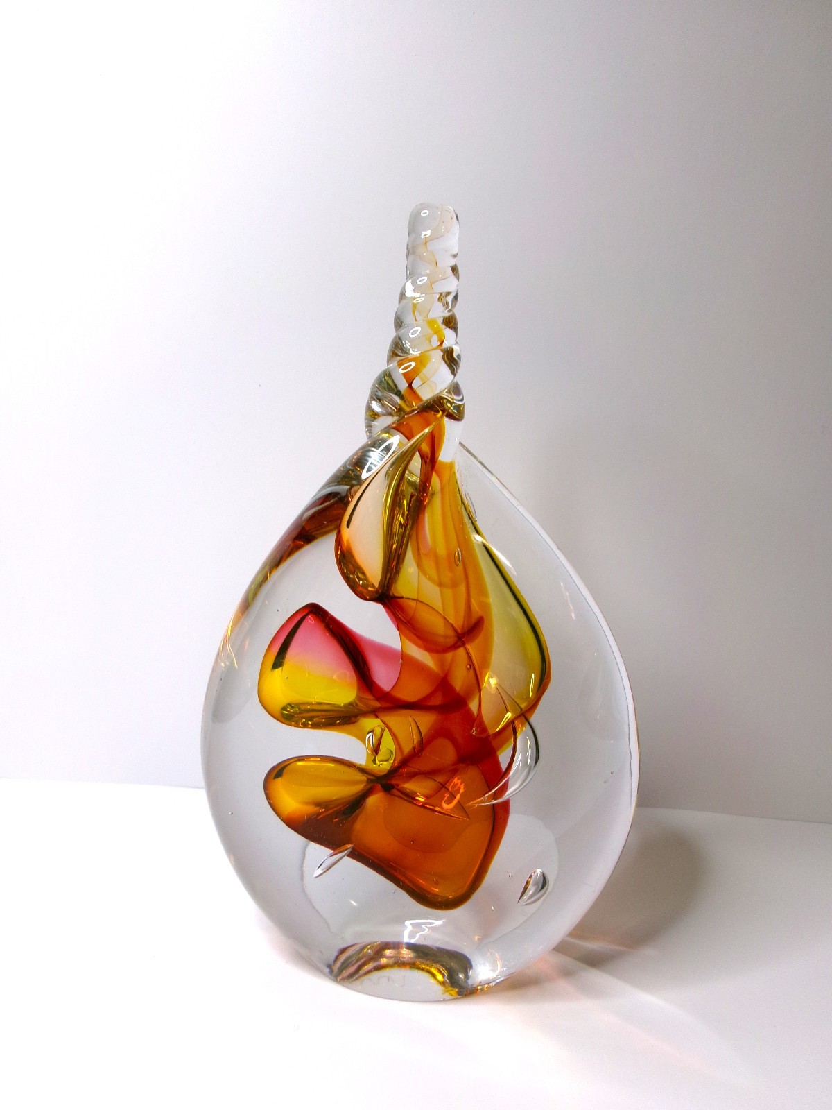 Marion PYRCAK Art Glass Crystal Twisted TEARDROP Paperweight Signed Orange Pink