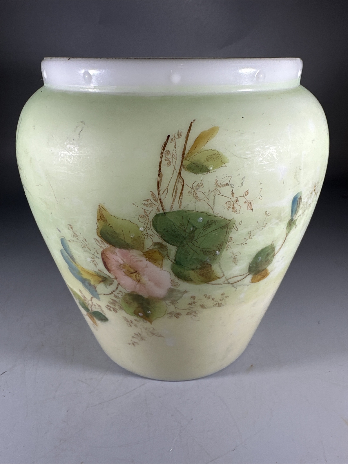 MILK GLASS: VASE Mint Green w/hand painted flowers 6 1/4” X 4 1/2” Round