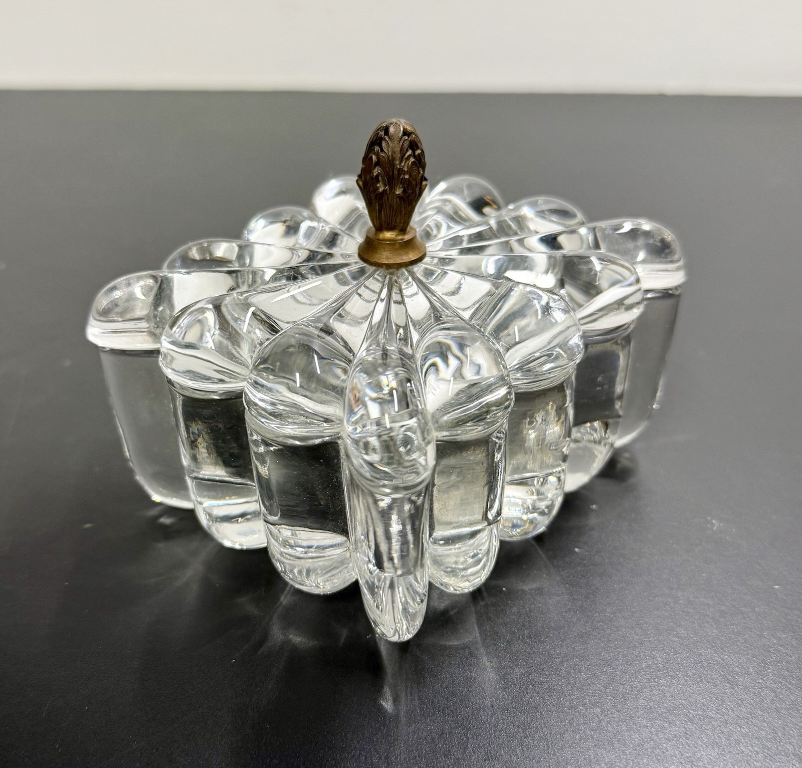 Heisey Crystolite Style Clear Glass Lidded Decorative Box Brass Metal Handle