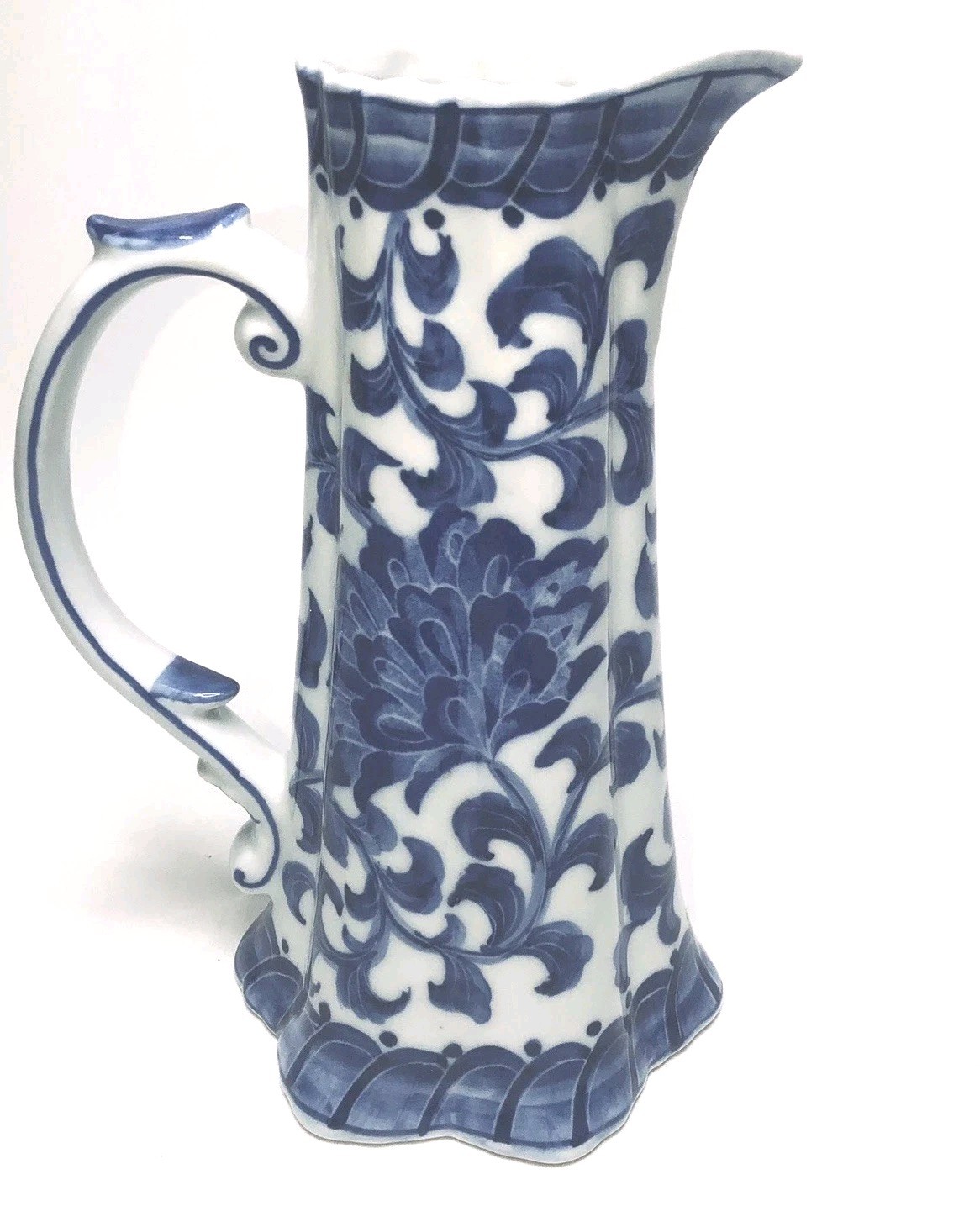 Andrea by Sadek Blue White Delft Willow Style Pitcher Flower Vase 8.5″ High