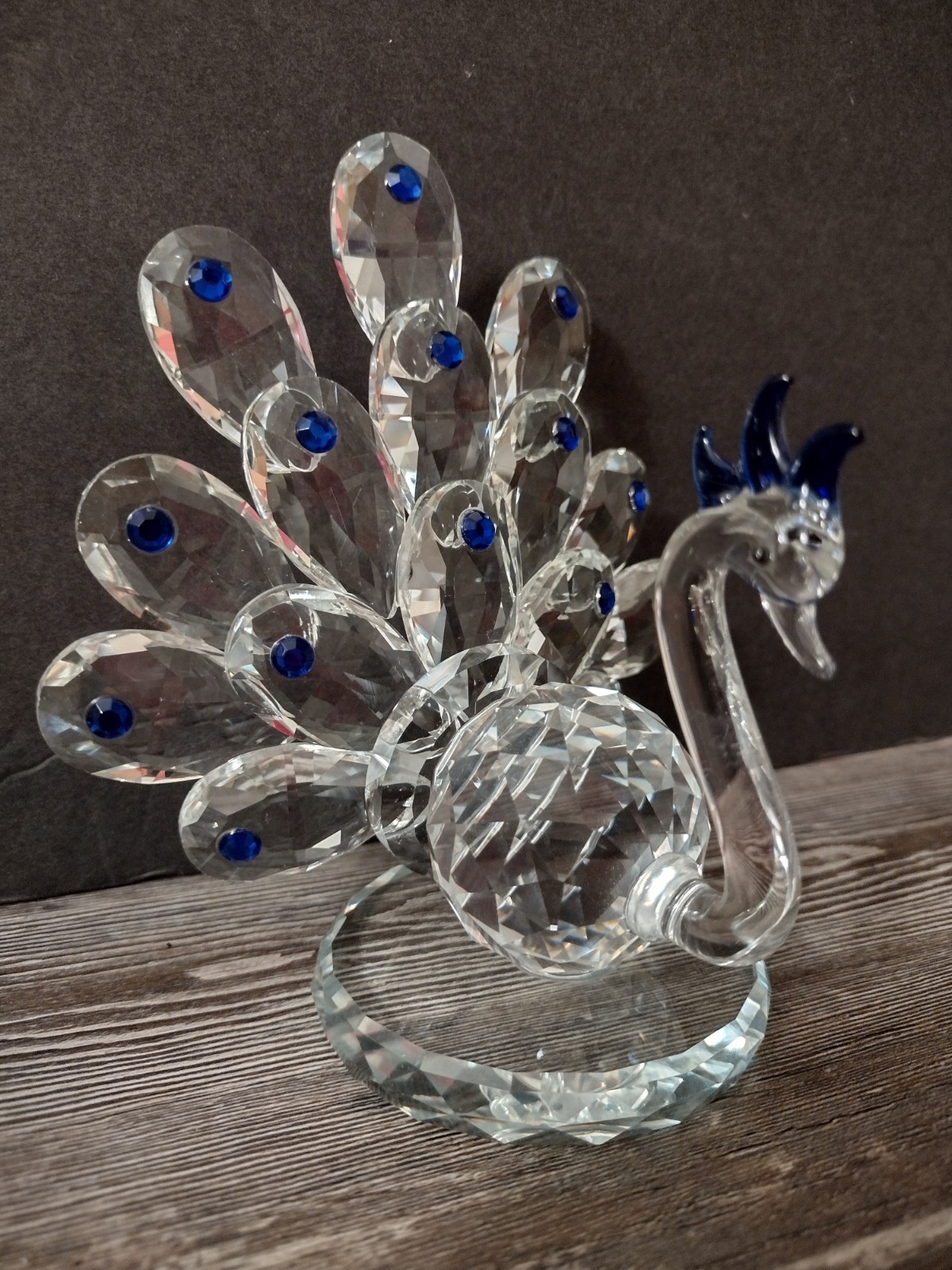 Gorgeous Art Glass Peacock With Sapphire Blue Jewels 5″ Tall 5″ Wide