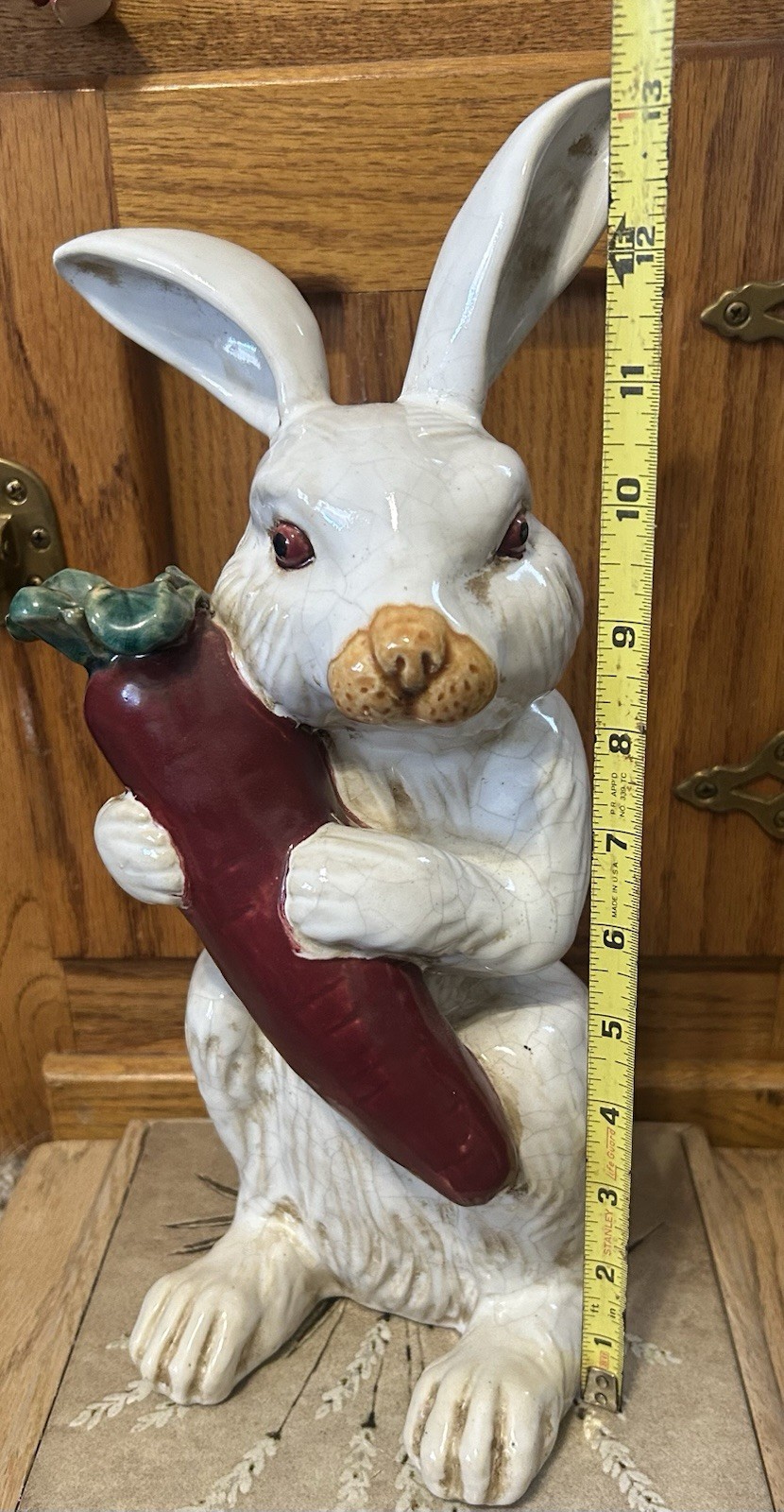 Vintage Large Majolica Rabbit Figurine Bud Vase With Red Eyes Holding Carrot