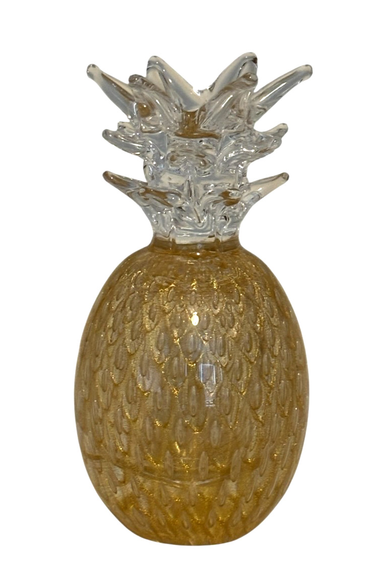Marcolin Sweden Crystal Pineapple Paperweight Clear with Gold Flecks 7″ Signed