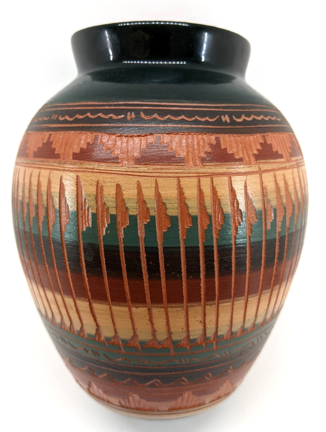 Native American Navajo, Hand Carved Pottery Vase, Kokopelli, Illegible Signature