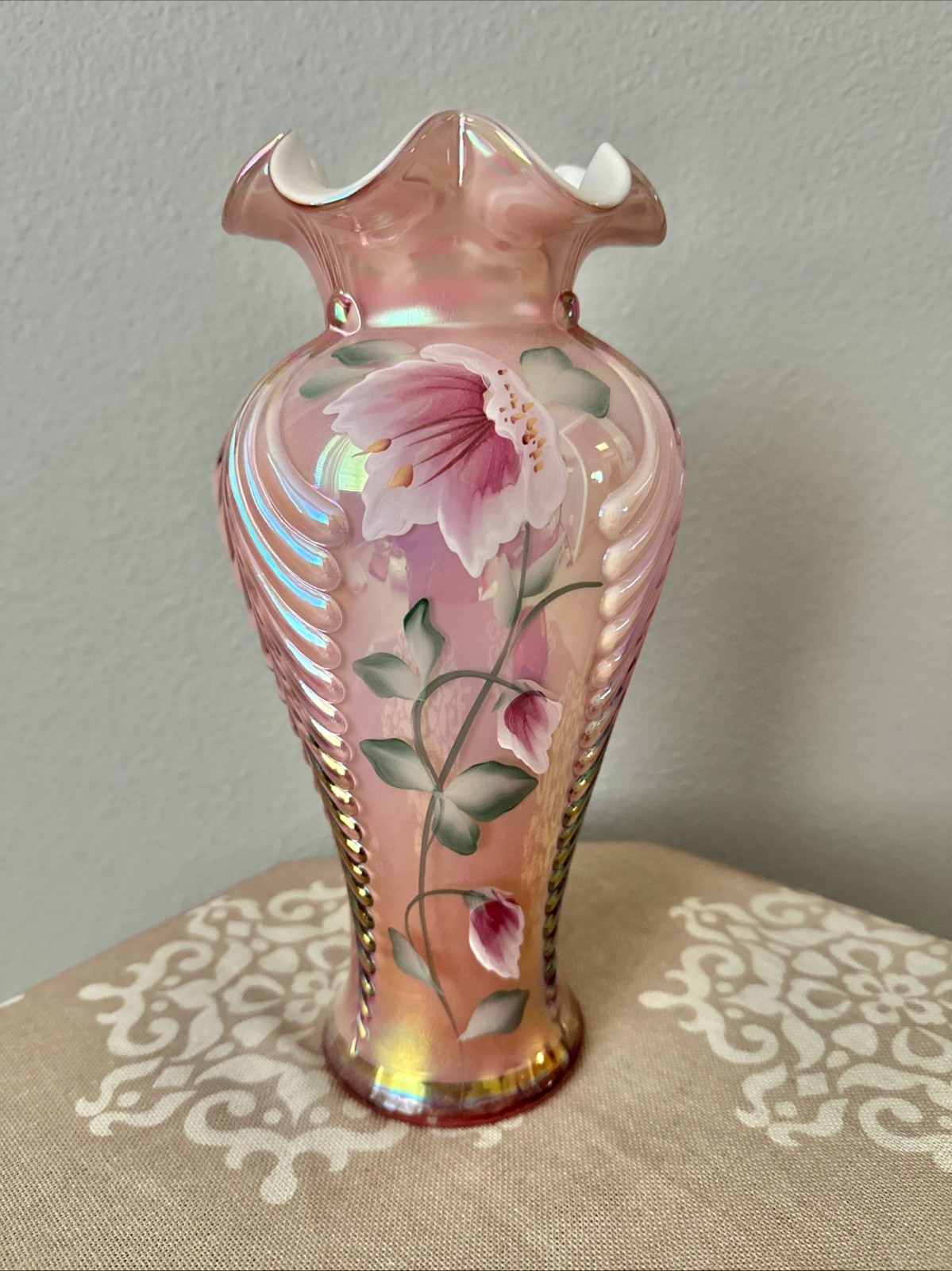 Fenton Pink Dusty Rose Iridescent Glass Feather Hand Painted Vase 11”