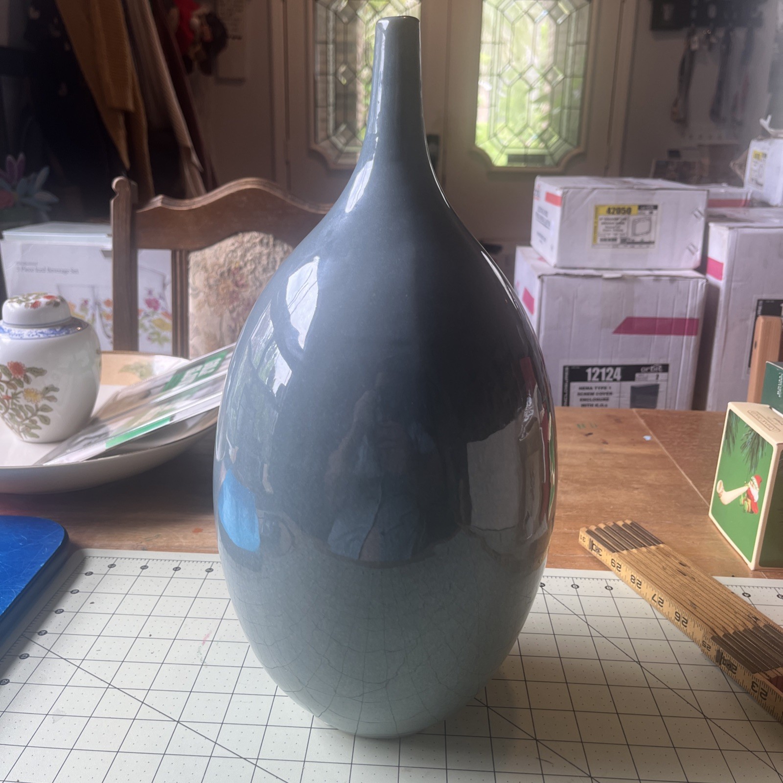 Global Views Milo Ceramic Vase Blue Medium 15.5” Glossy Sculptural Art Modern