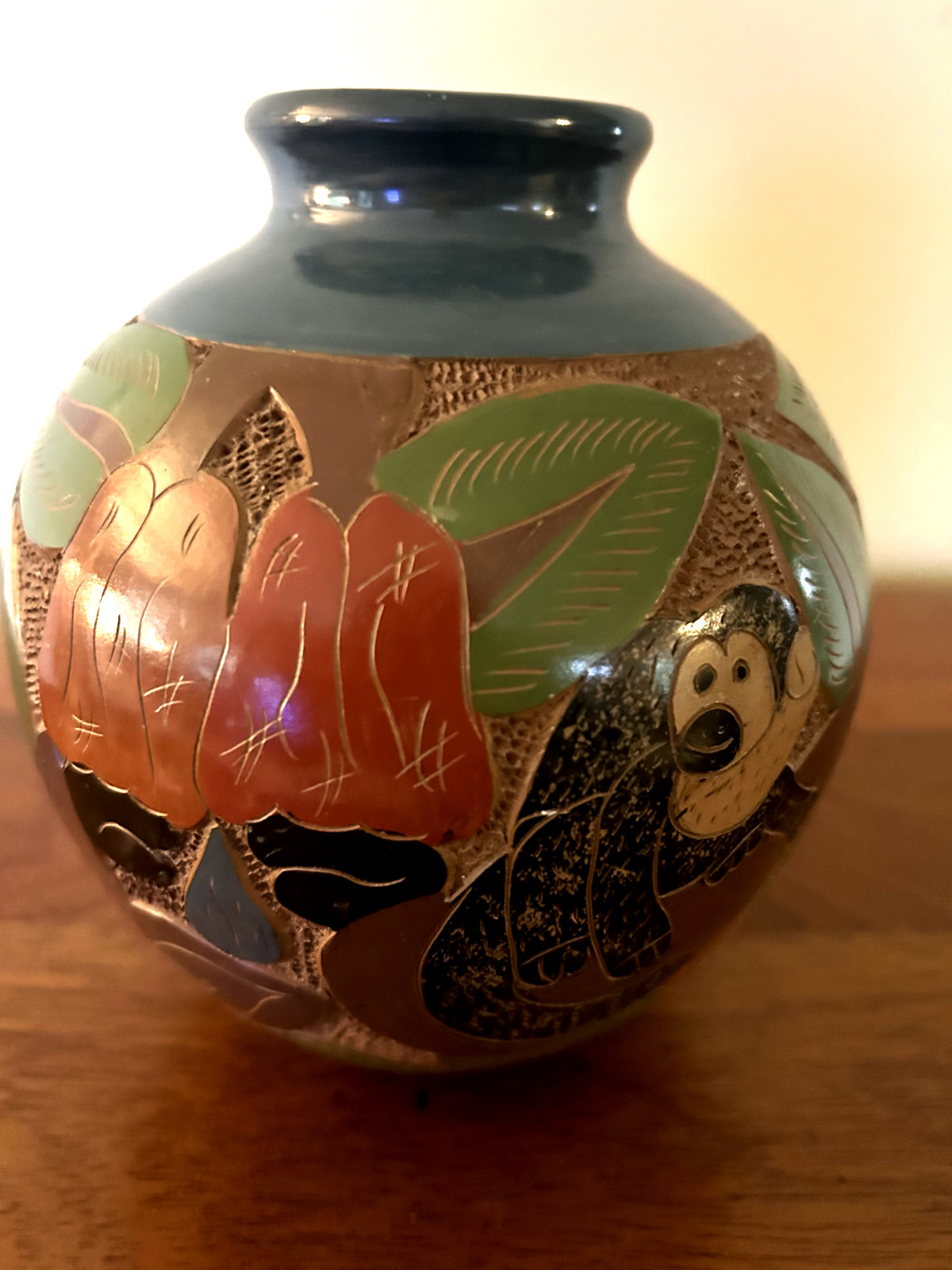Handmade Nicaraguan Redware Pottery Vase with Animal and Nature Imagery 8.5″x9″
