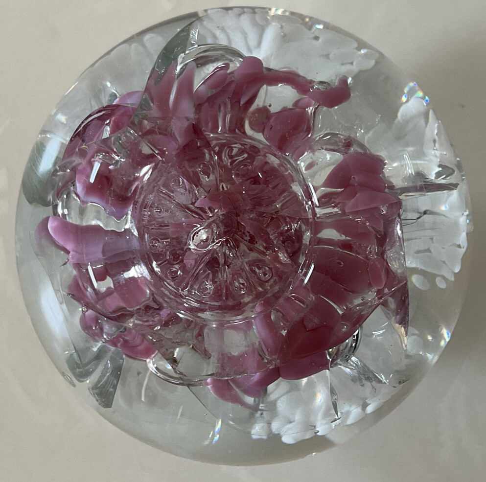Elwood Pink White Trumpet Flowers Controlled Bubble Art Glass Paperweight AS IS