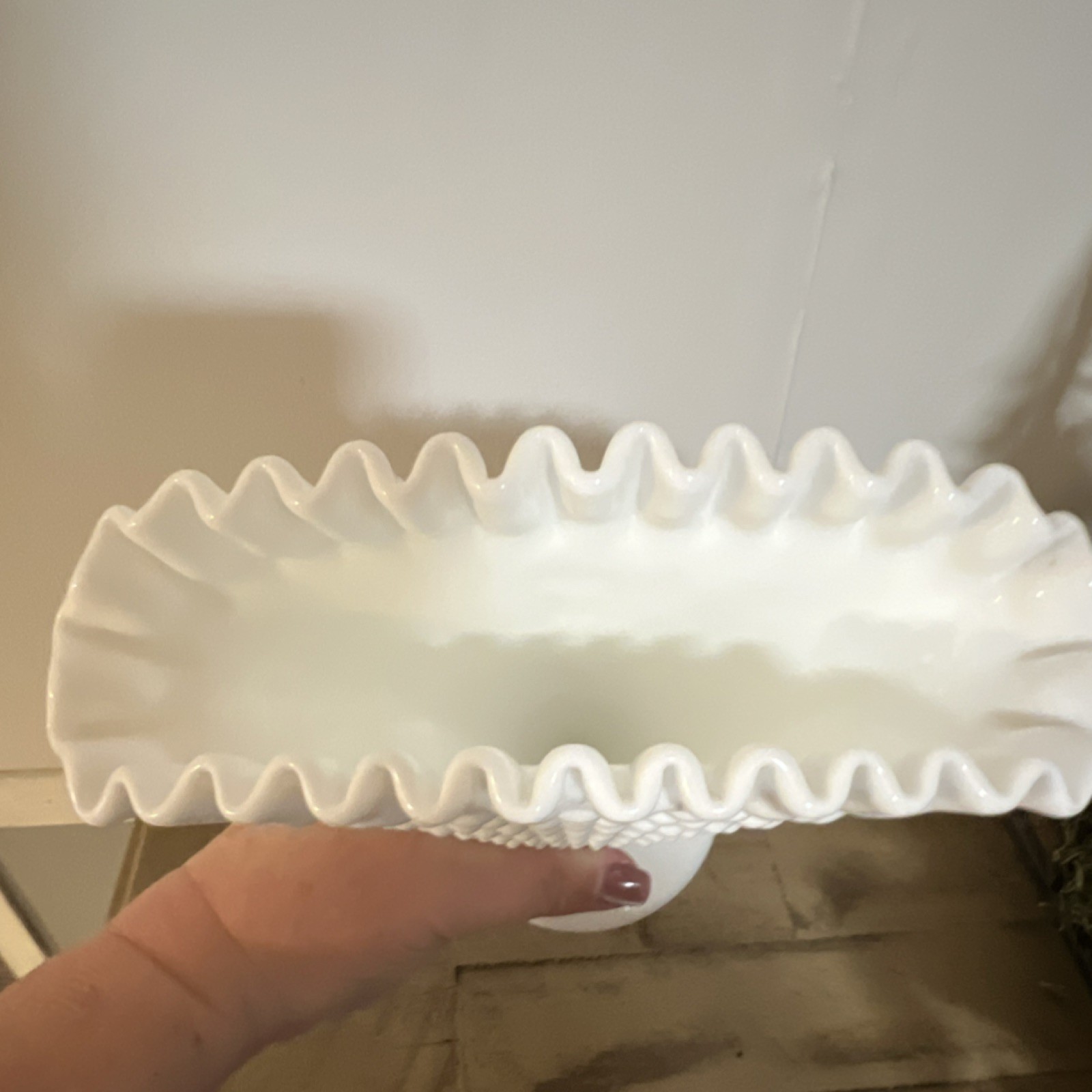 FentonWhite Milk Glass Decorative Vase Hobnail Pattern Ruffled Edge