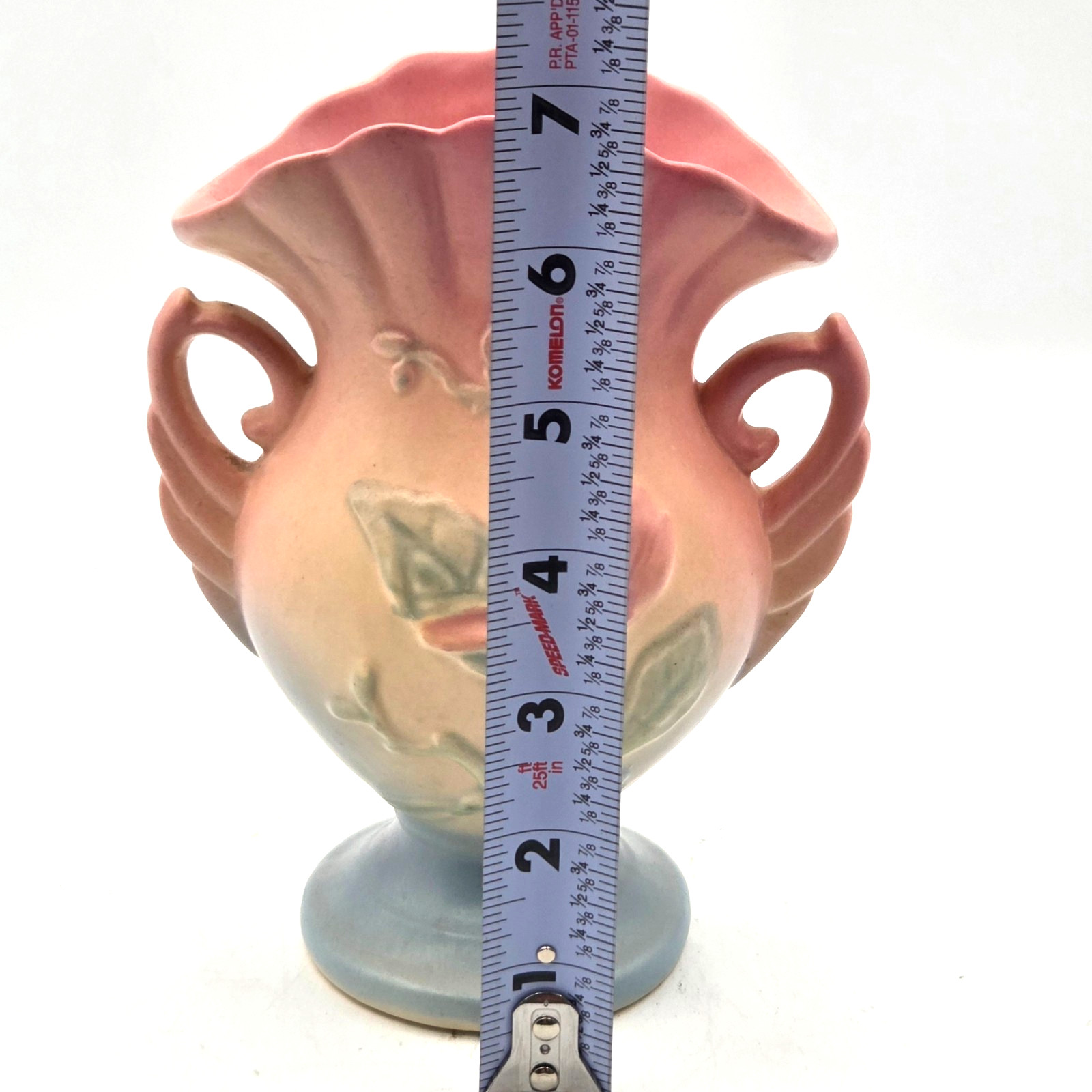 Hull Art Pottery Magnolia Vase Double Handles Pink Yellow Blue 7″ Tall VINTAGE