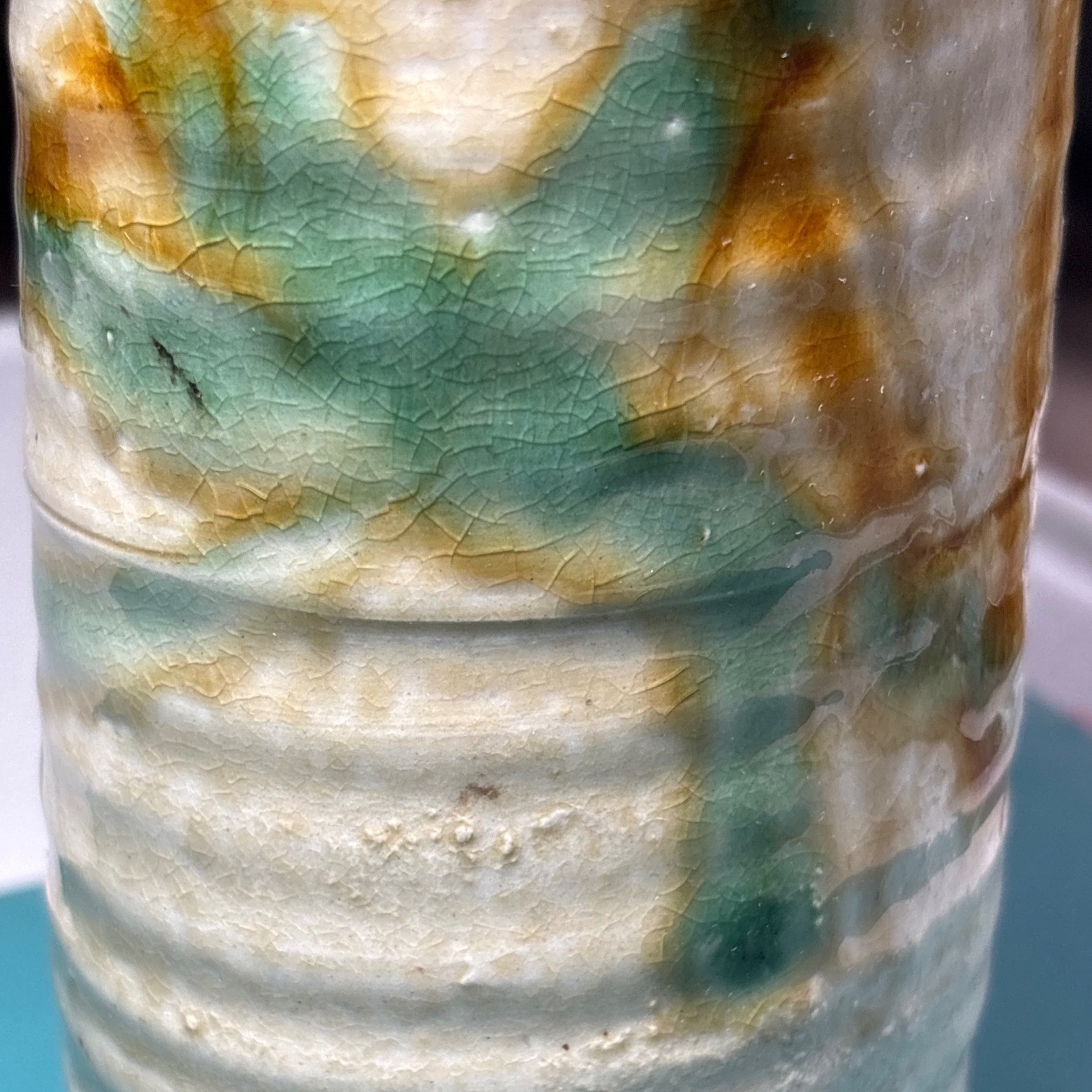 Japanese Stoneware Pottery Ribbed Cylinder Vase Crackle Glaze Amber Green Cream