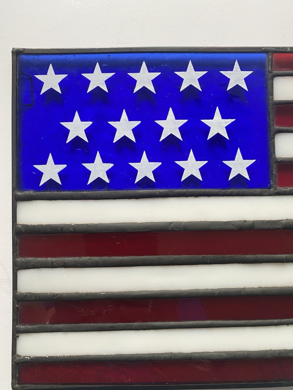 Leaded Stain Glass American Flag Window Panel 12”x7.25” Hanging Loops Sun Catch