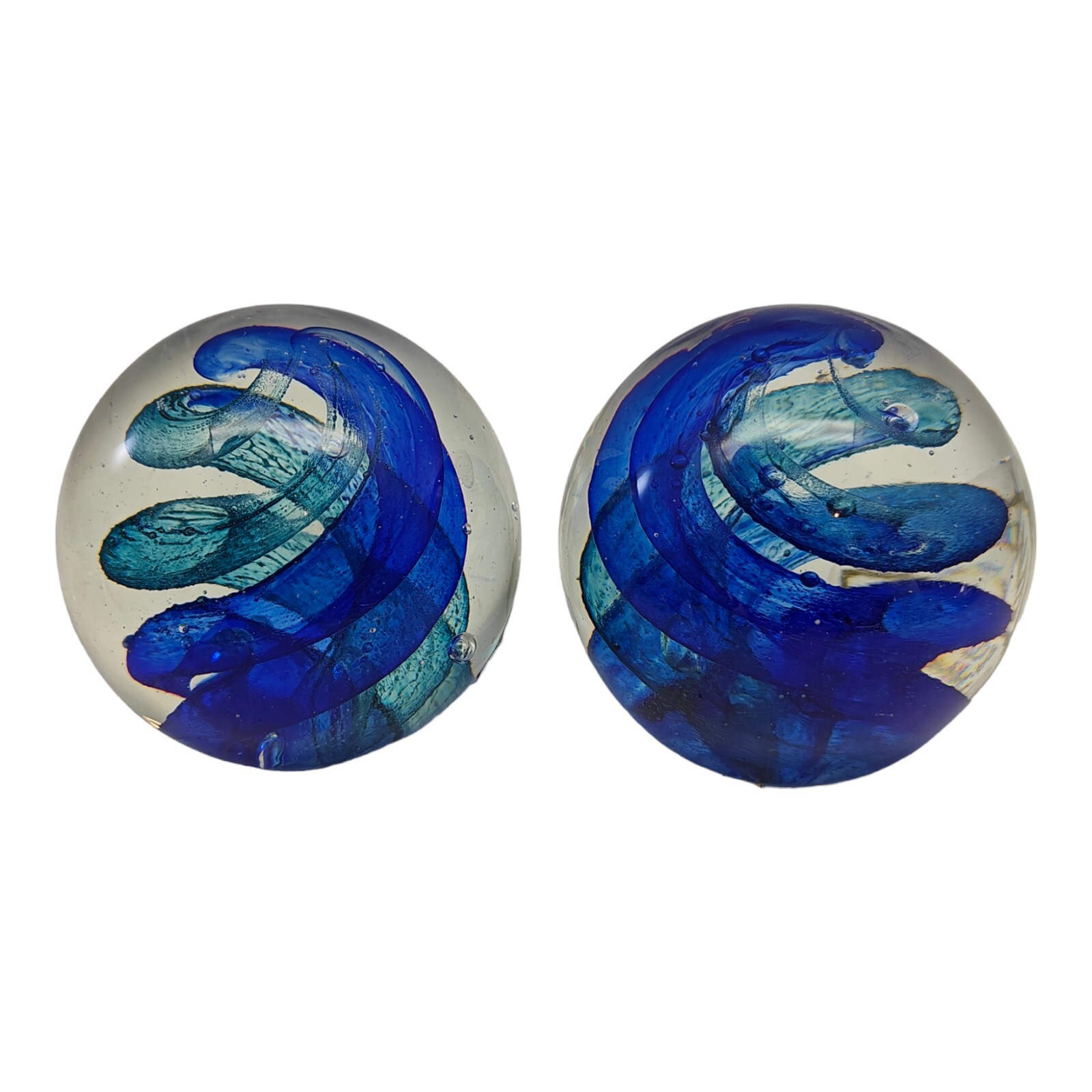Art Glass Paperweights Cobalt Blue Swirls Lot Of 2