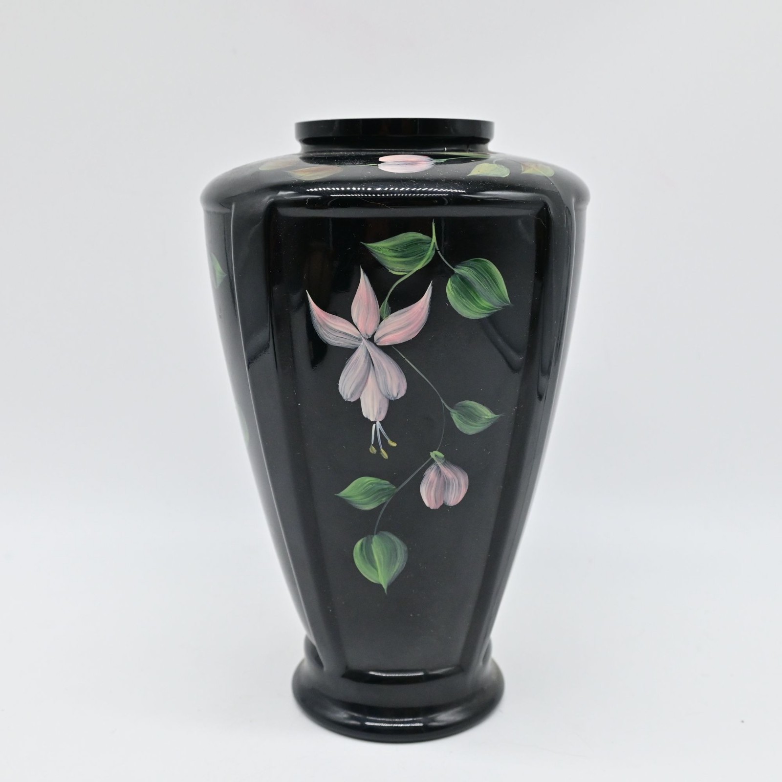 Fenton Black Ebony Floral Hand Painted Paneled Vase