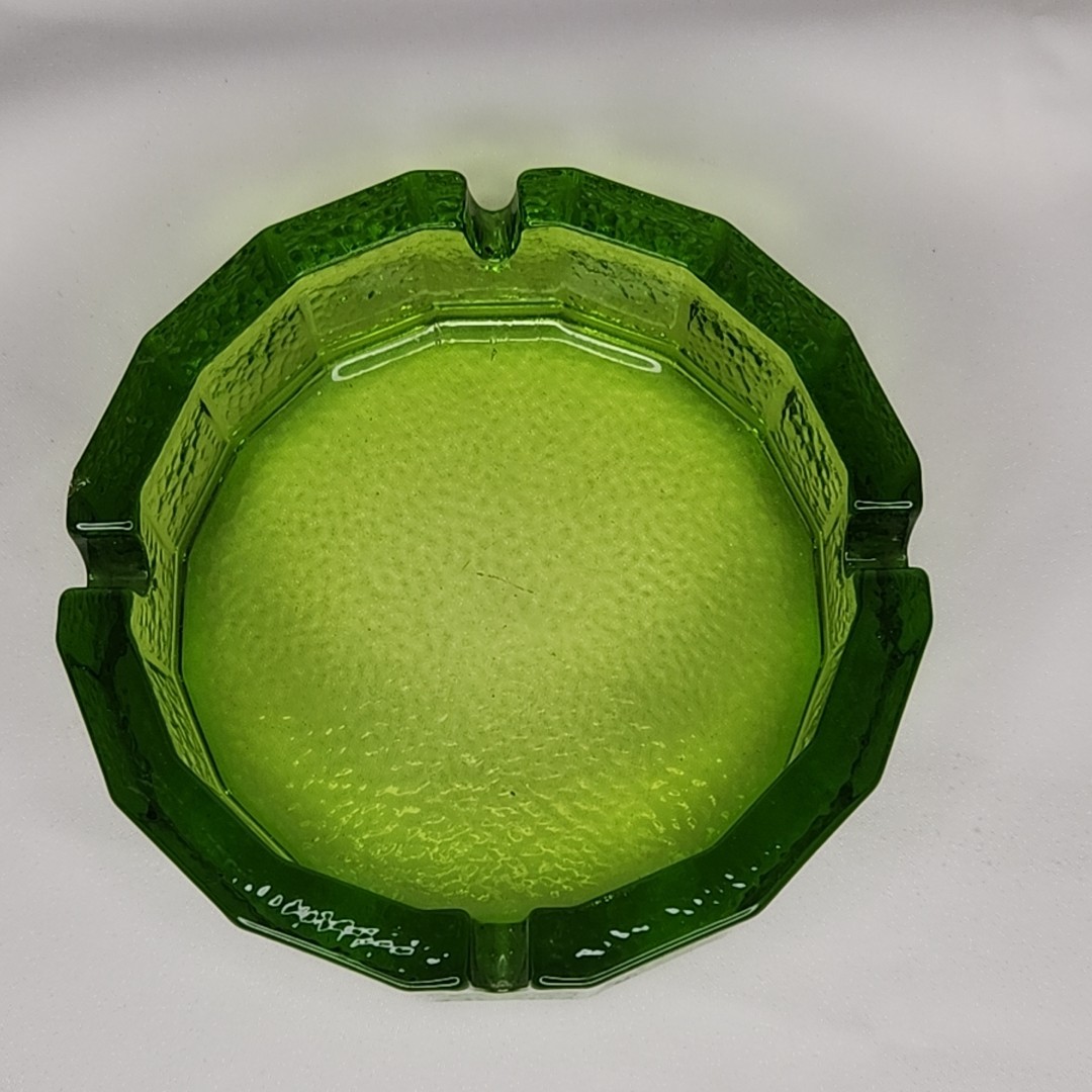 Vintage MCM Blenko Green Pebble Glass Ashtray Large Heavy Round Coffee Table