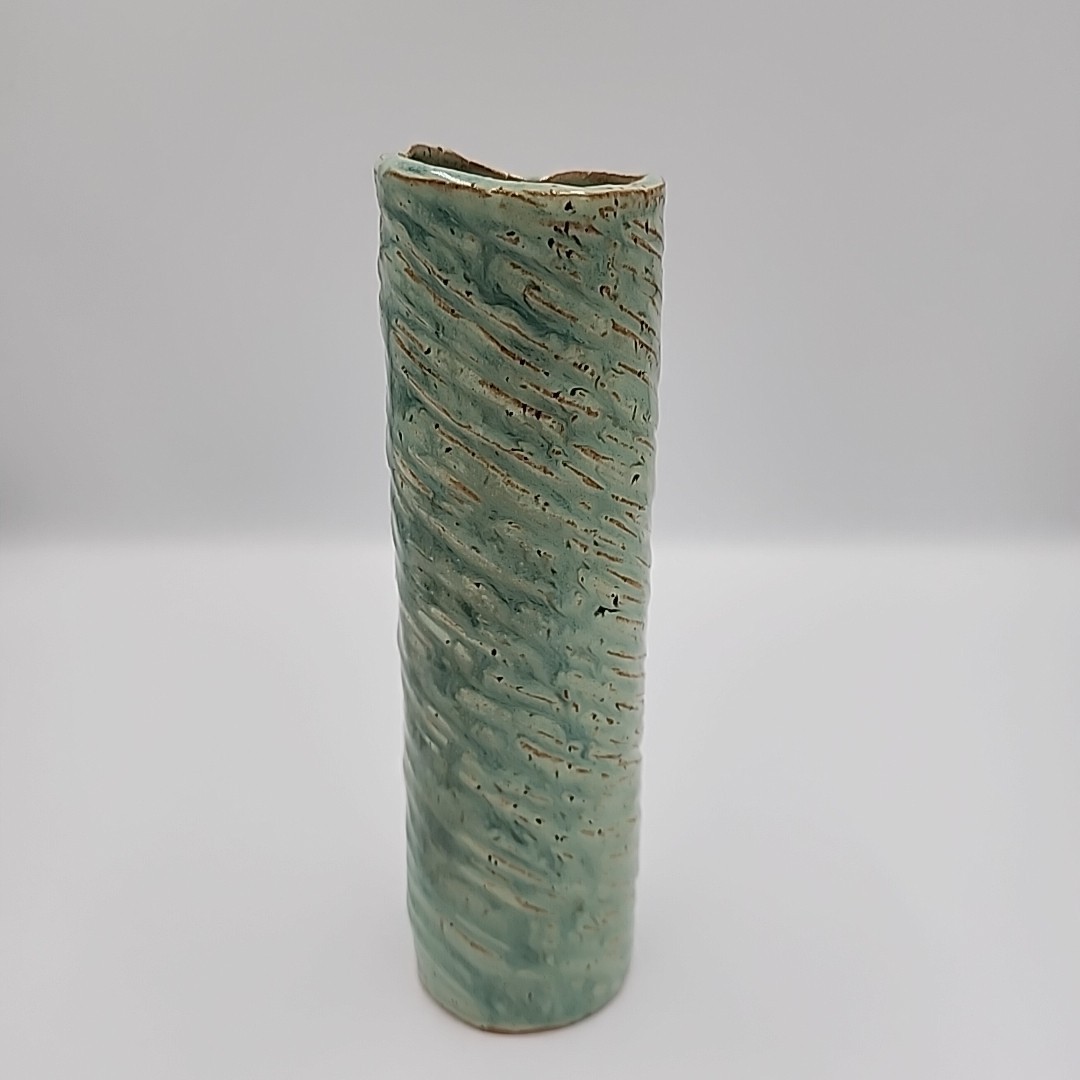 Vintage Handmade Textured Stoneware Ceramic Bud Vase 8″ Blue Tan