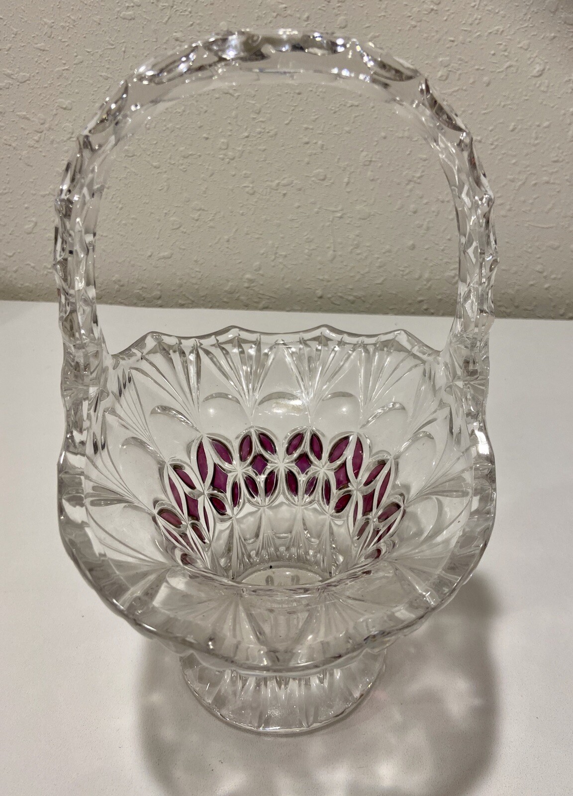 Lead Crystal Basket with Amethyst Accents 10 1/2” Tall Vintage