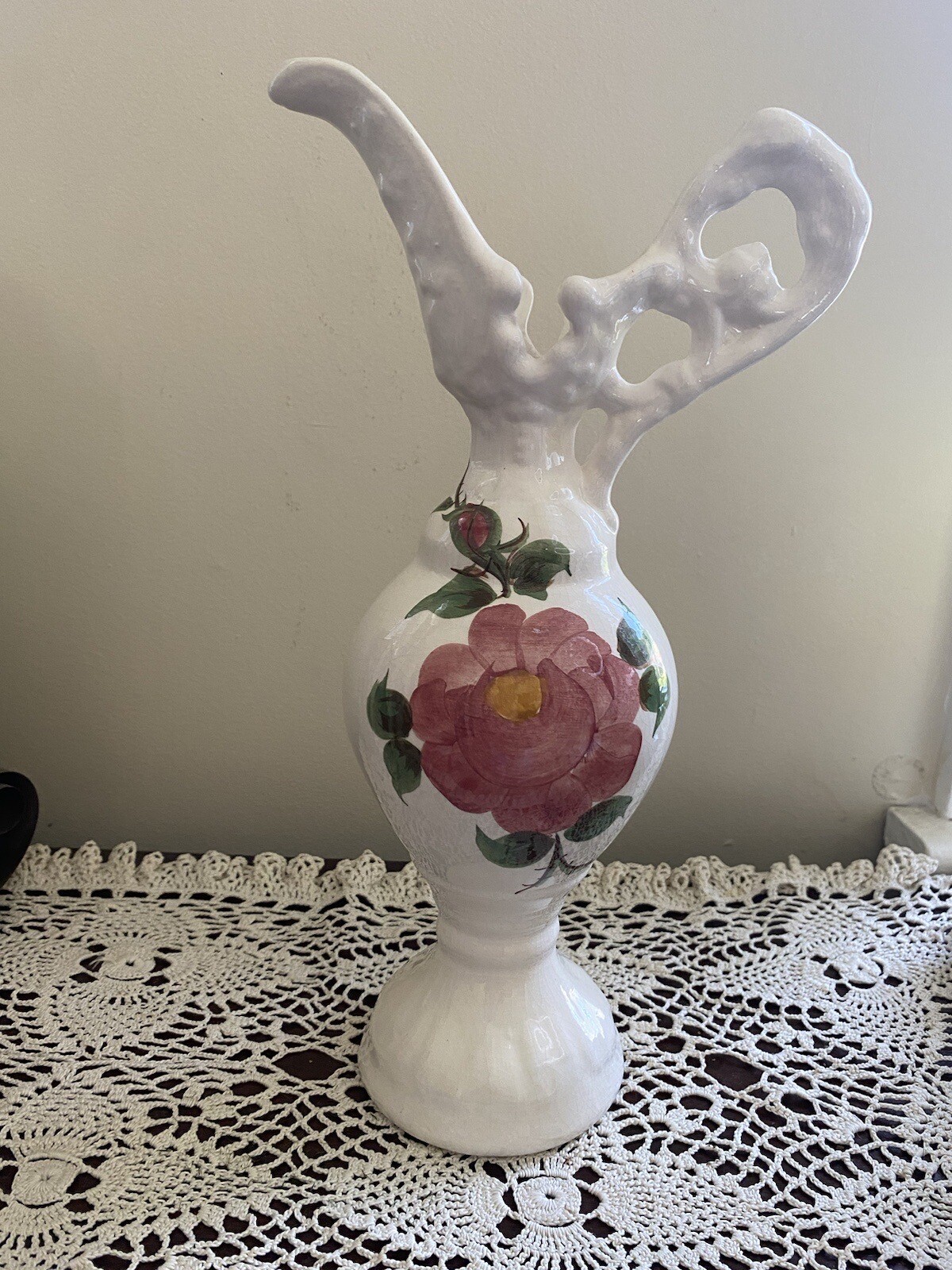 Hand-Painted Cash Family Pottery Pitcher 12” Tall Floral Design 1960s Tennessee