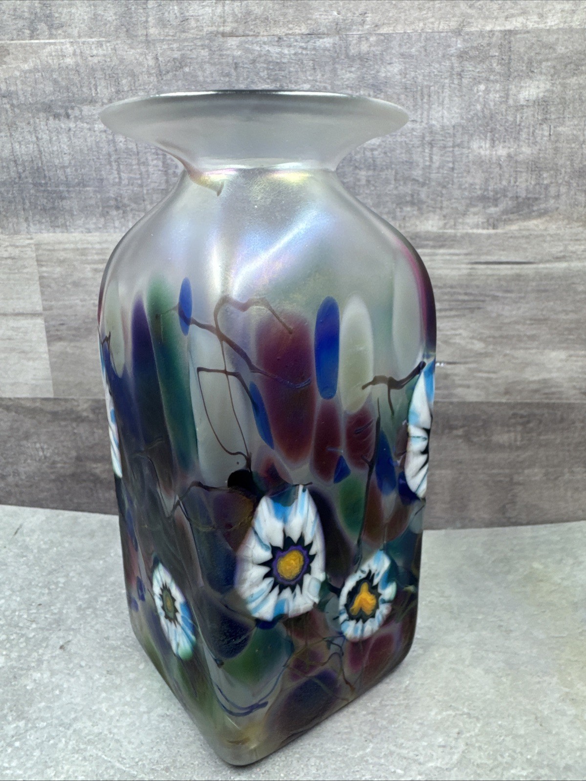 Herb A Thomas Art Glass Vase Iridescent Blue Purple w/ Floral Flowers 6” Signed