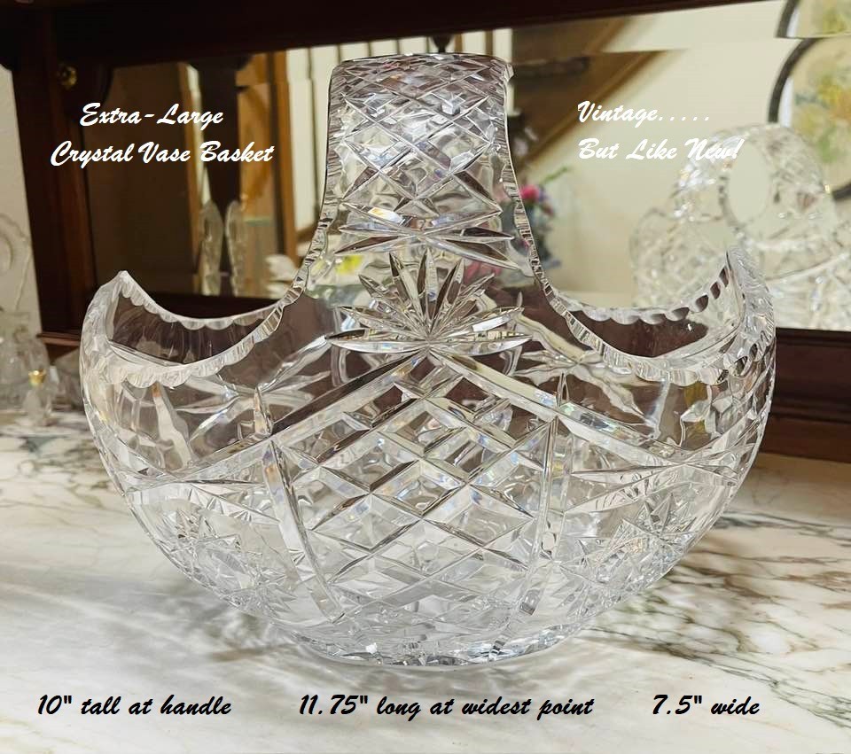 VINTAGE BOHEMIAN BRILLANT CUT LEAD CRYSTAL VASE HANDLE BASKET HUGE 11.75″ X 10″