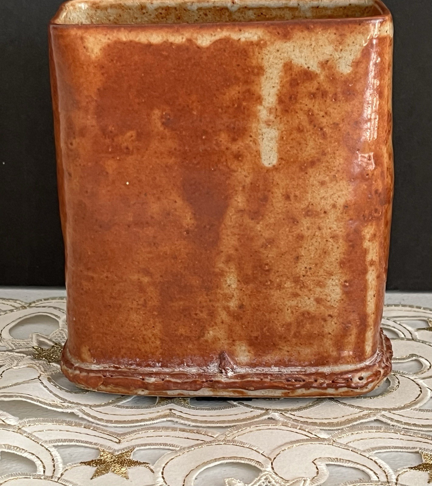 Hand Built Studio Pottery Vase Vessel Glaze Like Rust 5×4” Rectangle Signed