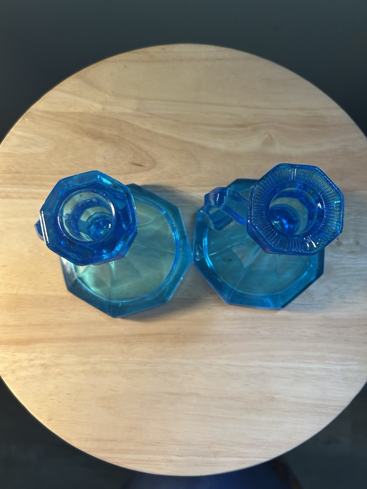 Vintage Blue Glass Decorative Candlestick Holders, 4″ Pair
