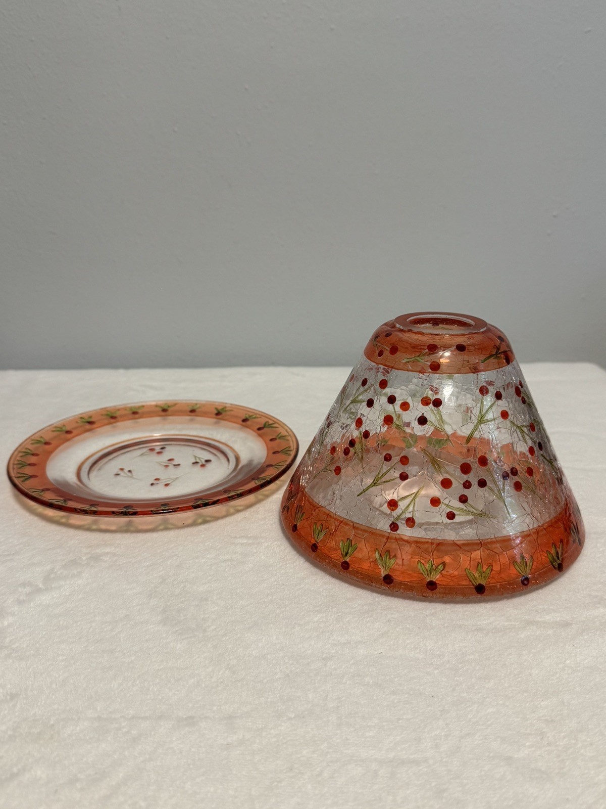 Vintage Crackle Glass Candle Holder Shade Plate Set Hand Painted Red Berries H5”