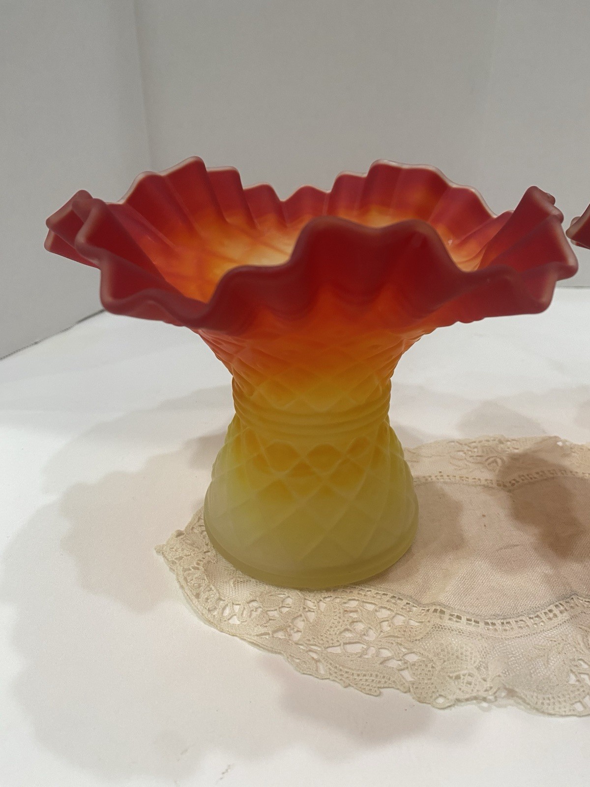 Vintage Art Glass Amberina Satin Ombre Red Orange Yellow Ruffle Vase Set of 2